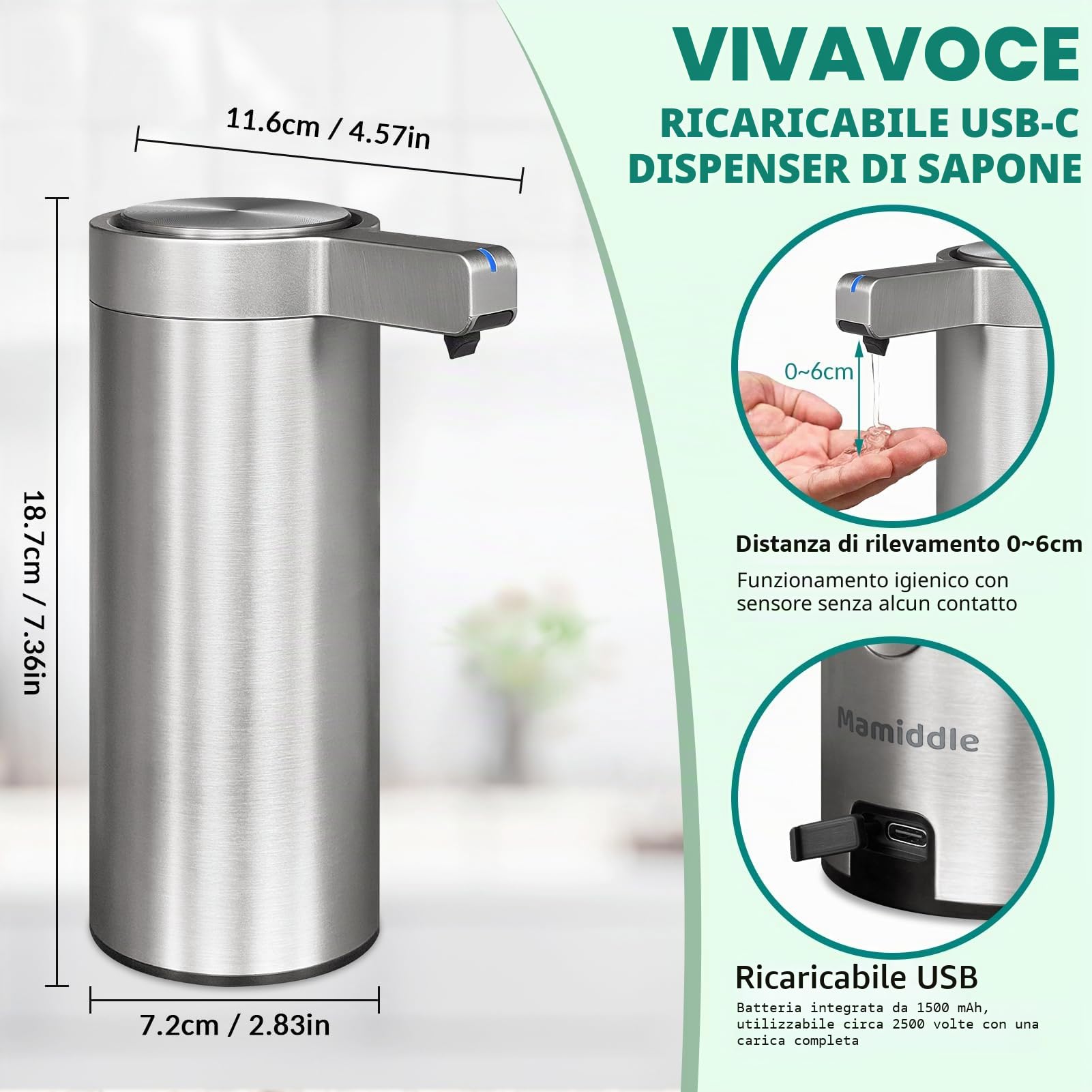 Distributore Automatico di Sapone in Acciaio Inossidabile con Sensore a Infrarossi da 9 oz. Elettrico Impermeabile IPX5 Ricarica USB-C con Sensore di Movimento (Argento)