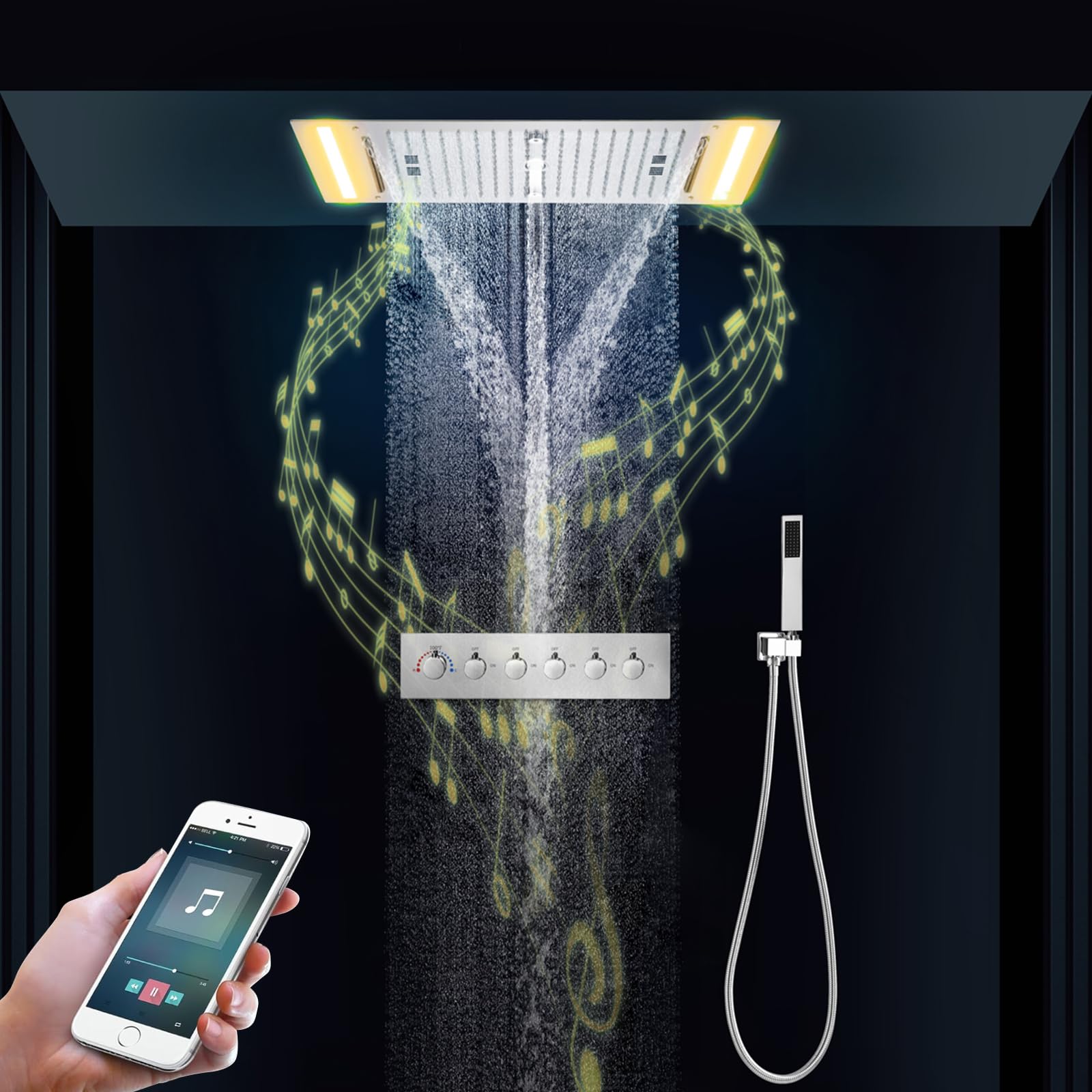Musik Duschgarnitur mit Regendusche ohne Armatur Duschsystem Mit Thermostat 64 Farben LED Duschgarnitur aus Messing, 638x338mm 5 Modi Duschkopf und Handbrause (Chrom)