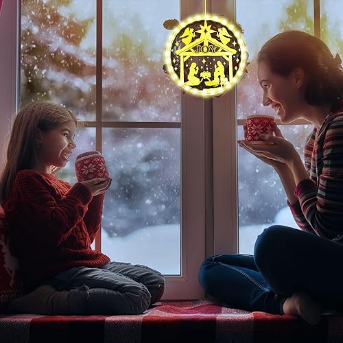 Miniatura 5 de Luces de ventana de Pascua de 11 pulgadas, luces colgantes con texto en inglés "He Is Risen", letrero de puerta de Jesús cristiano, decoración de