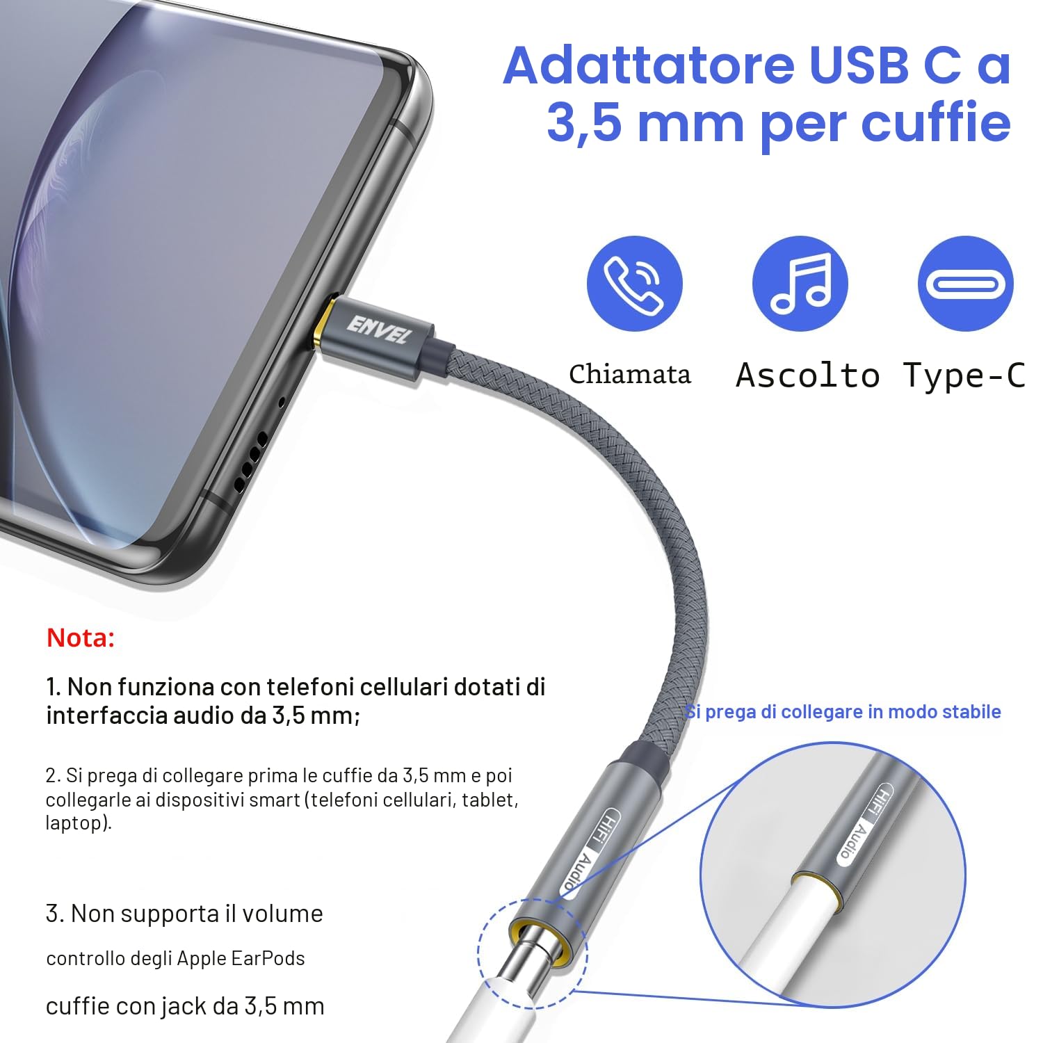 Adattatore USB C a 3,5 mm Femmina, Cavo Audio Tipo C a Aux per iPhone 15 Pro Max, Samsung Galaxy S23, Google Pixel 6