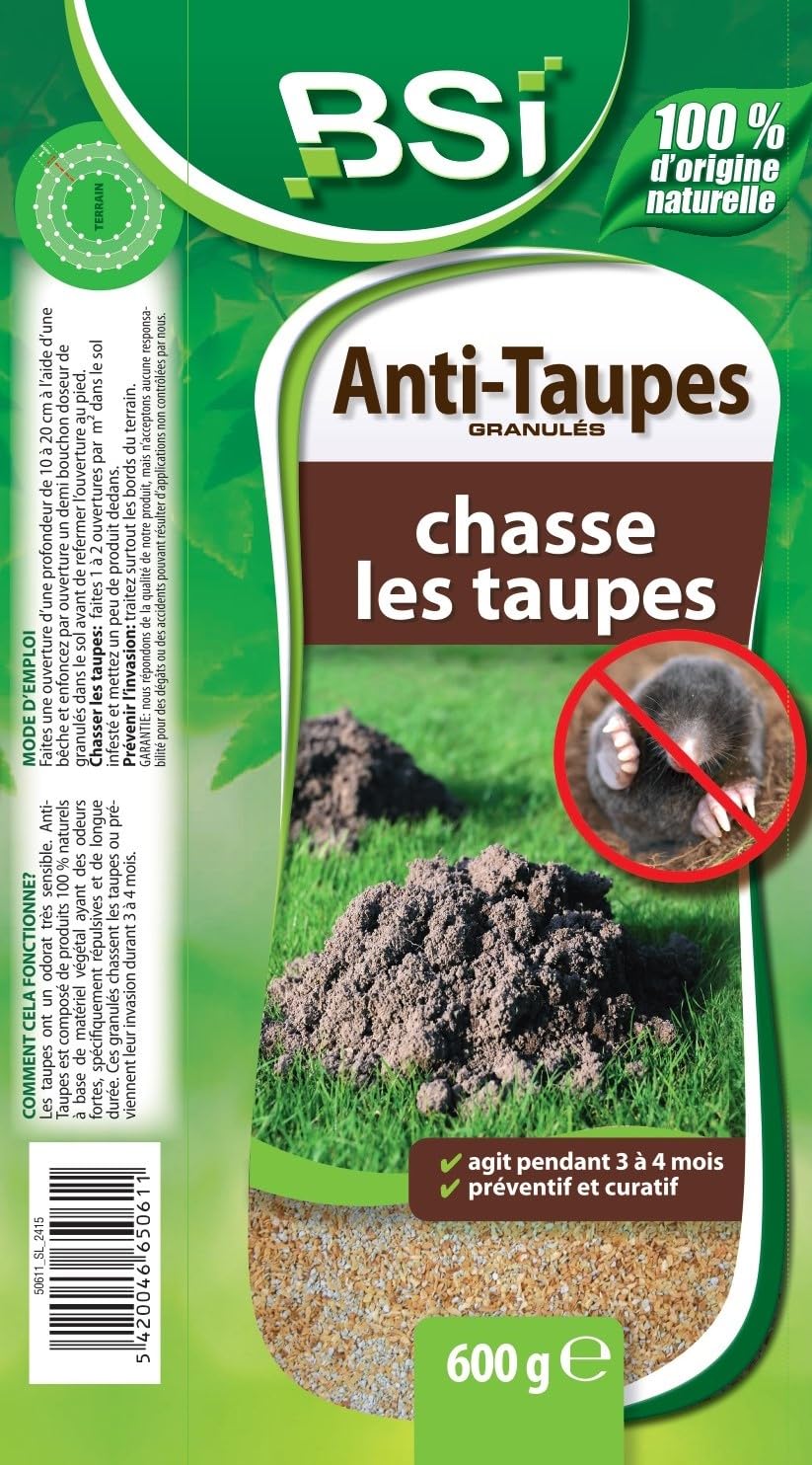 BSI - Granulés Anti Taupes 100% Naturel et Longue Durée 3 à 4 Mois - Préventif et Curatif - Couvre 100m2 de Surface, Jaune / Gris