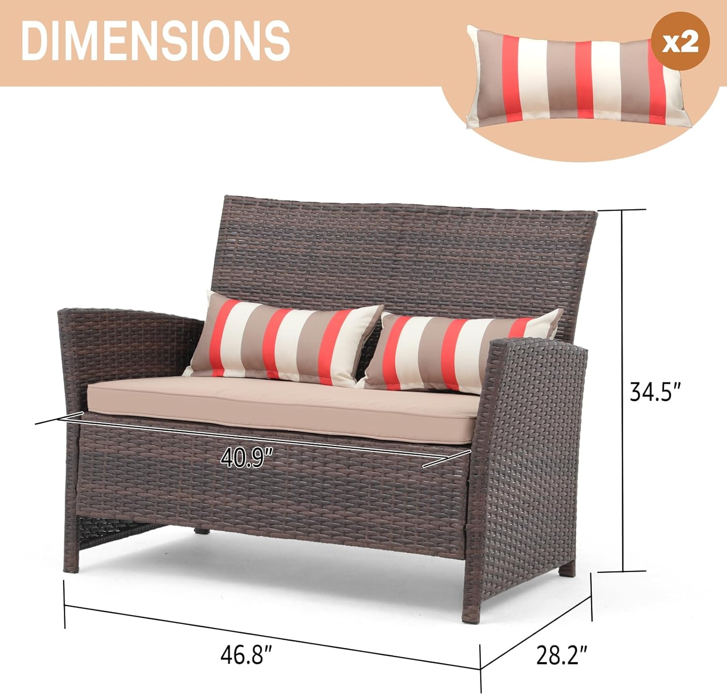 SUNSITT Outdoor Wicker Loveseat with Cushions, 2 Seats Patio PE Rattan Sofa with Lumbar Pillows, Brown Wicker & Beige Cushions, Porch, Backyard, Garden, Pool, Steel Frame