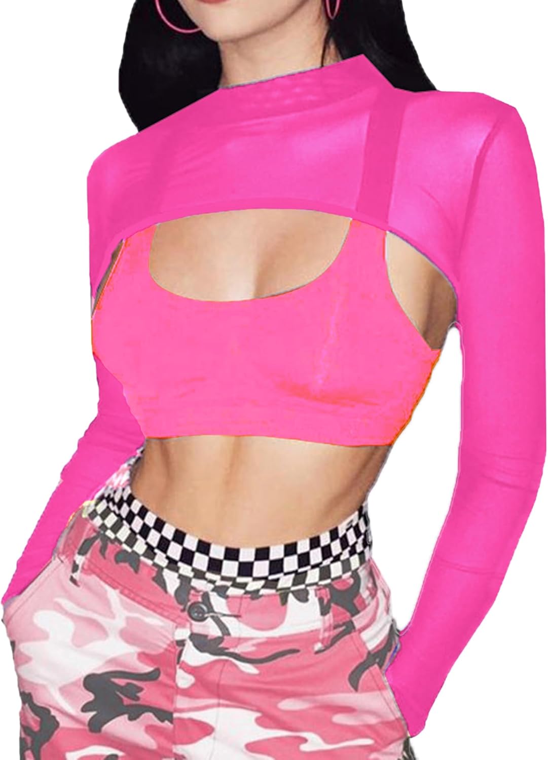 Avidlove Mesh Crop Tops for Women Mock Neck Long Sleeve Crop Top See Through Shirt Top Sexy Clubwear