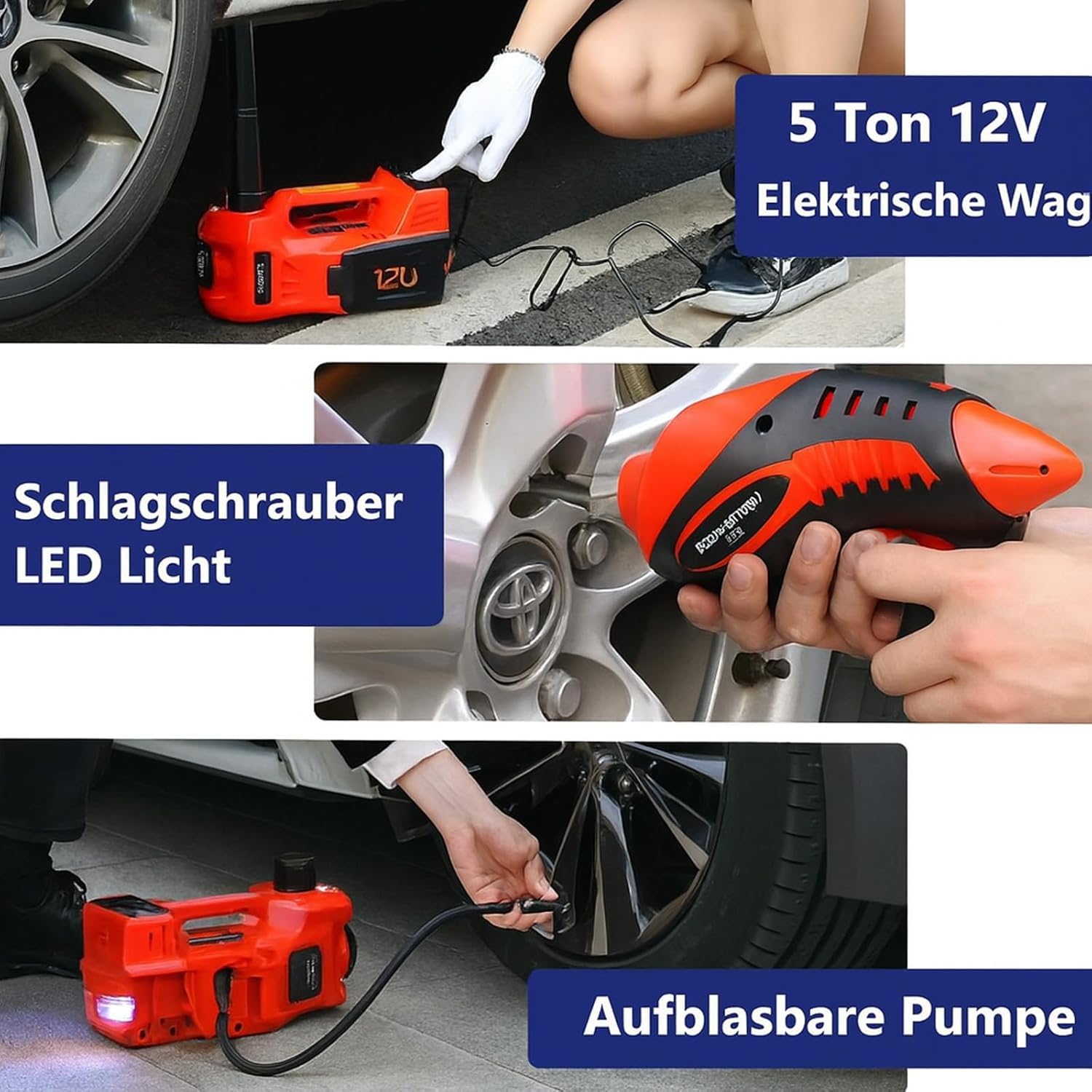 ROGTZ Gato hidráulico eléctrico 5 en 1 con bomba de aire y llave de impacto para coche, camión, remolque, cambio de neumáticos y reparación