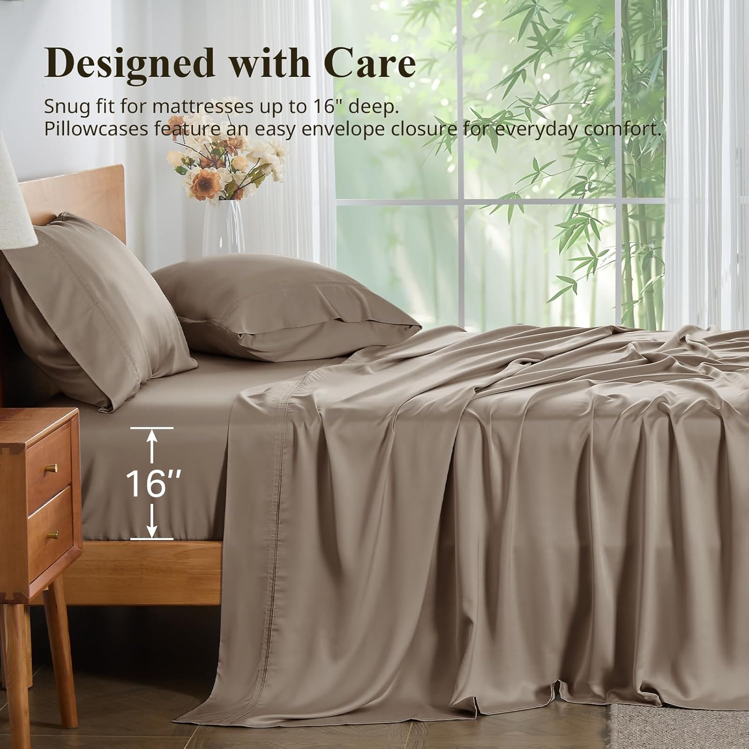 King Size Sheet Set, Bamboo Sheets for Bed Set 4pcs, 100% Organic Viscose Derived from Bamboo, Hotel Luxury Silky & Cooling for Hot Sleepers, Deep Pocket Up to 17", Taupe - Image 6