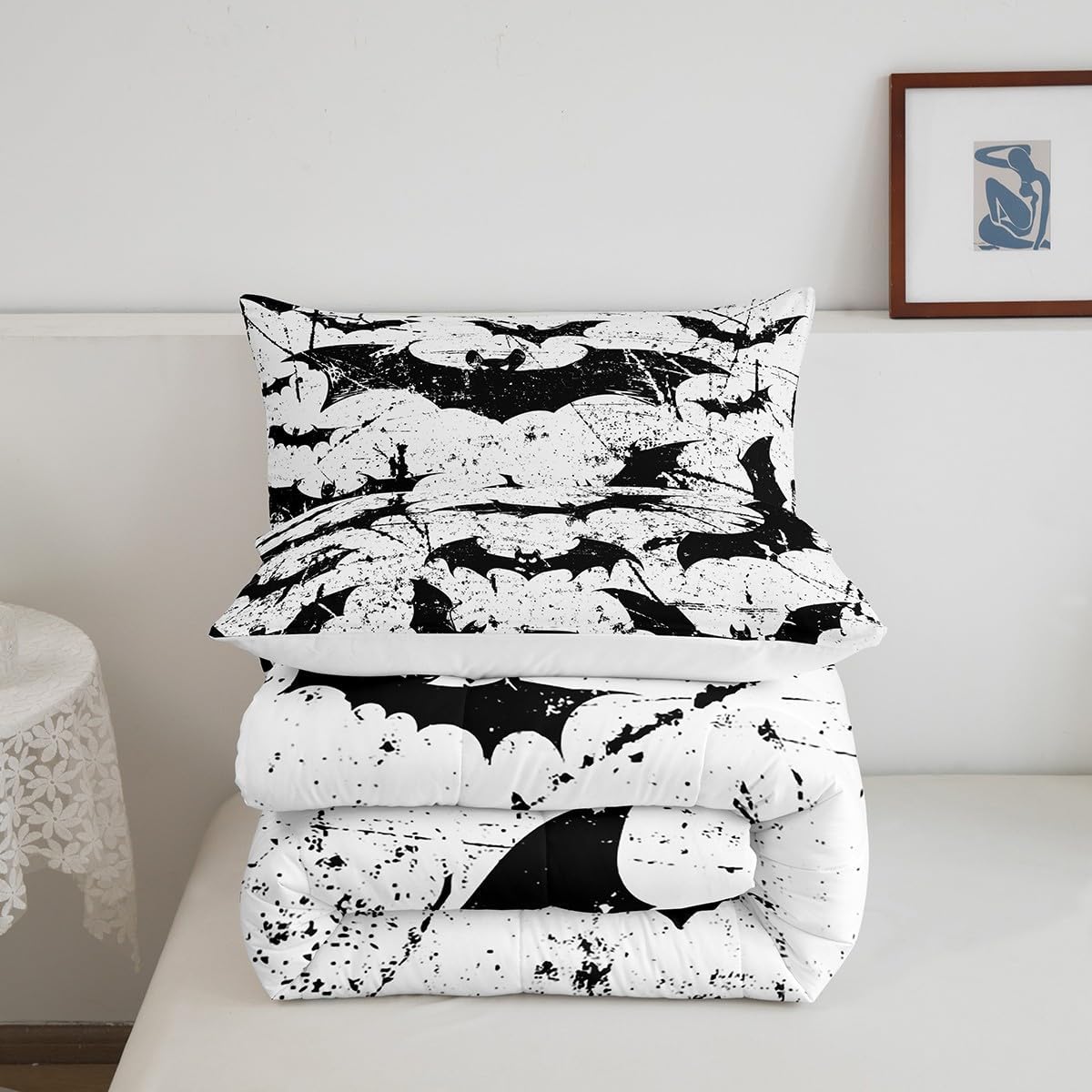 Homewish Black Bat Comforter Set Twin,Halloween Themed Bedding Set for Kids Teens Boys Girls Room Decor,Gothic Animals Quilt Set Horror Graffiti Duvet Insert 2pcs with 1 Pillowcase