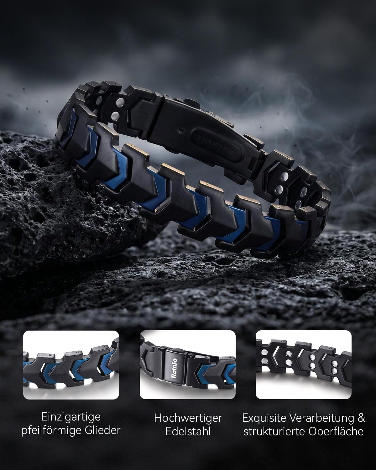 RainSo Bracelet magnétique en acier inoxydable pour homme - Design flèche mat - Chaîne robuste réglable pour escalade en plein air (24 cm)