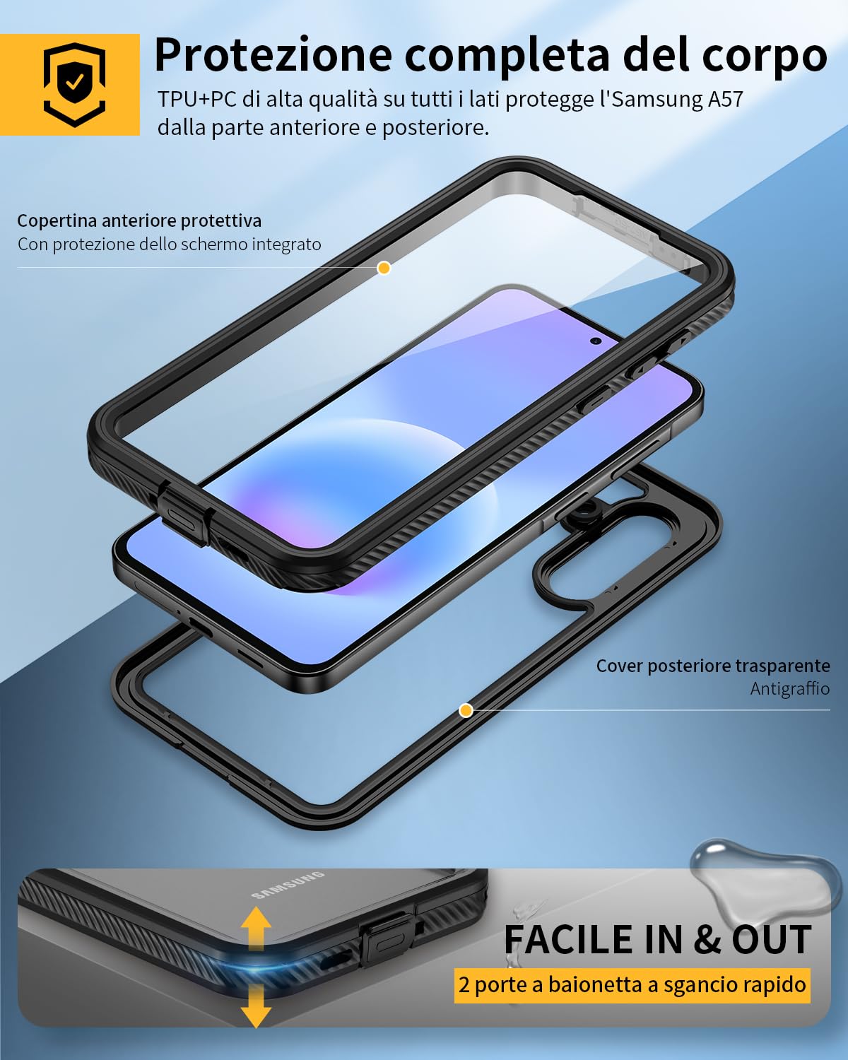 Lanhiem Cover Per Galaxy A57 5G Impermeabile [IP68 Waterproof e 360 Gradi Protezione] Custodia Subacquea Antiurto Resistente Rugged con Protezione dello Schermo per A57,Nero