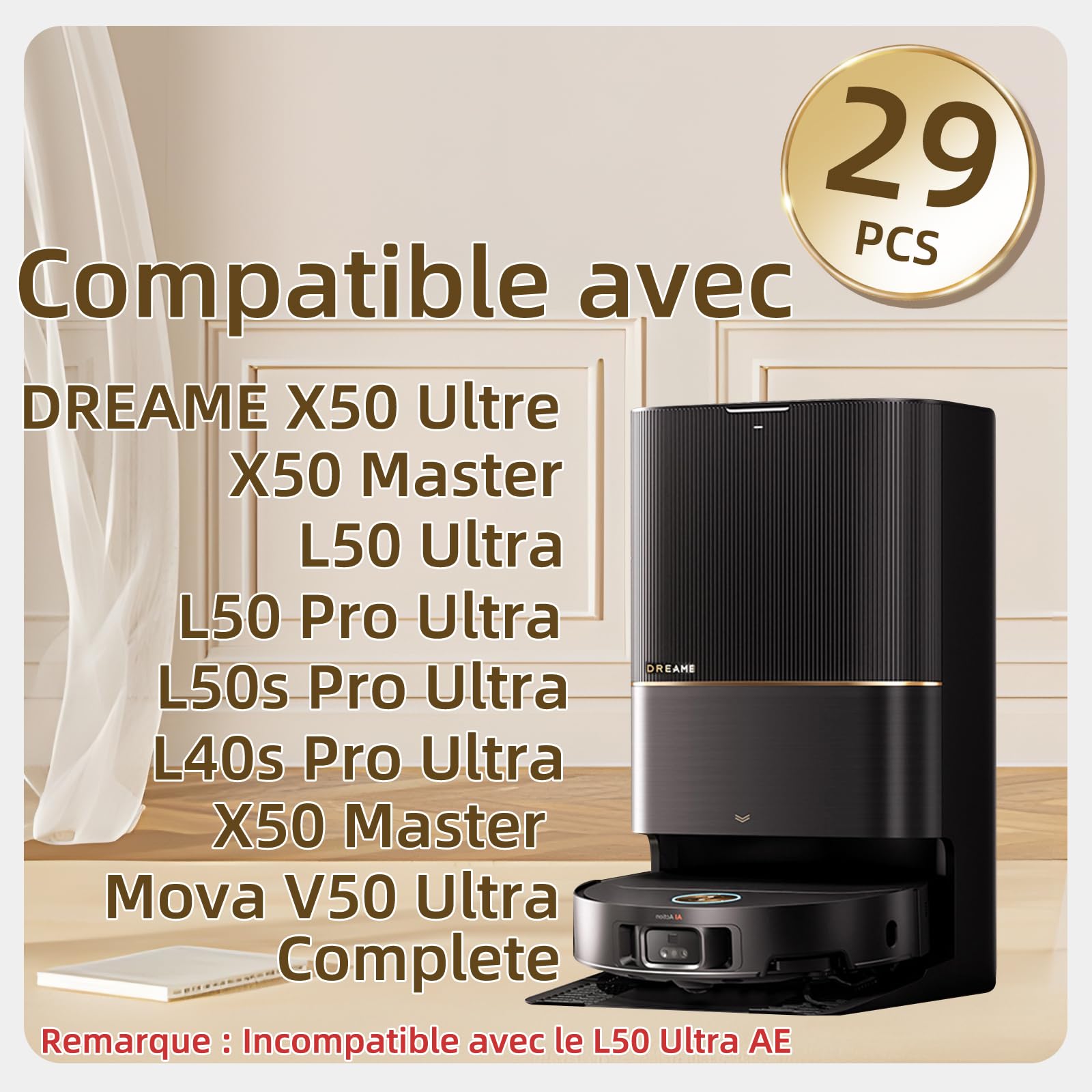 L40s L50s Pro Ultra Accessoires pour Dreame X50 Ultra Complete/L40s Pro Ultra/L50s Pro Ultra/L50 Pro Ultra/L50 Ultra/X50 Master/Mova V50 Ultra Complete 29 Pièces Sacs à Poussière Charbon Actif