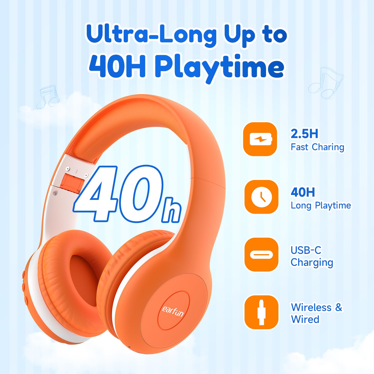 EarFun K2 Cuffie Bluetooth Bambini, Cuffie Wireless e Cablato, Limitatore Volume Sicuro 85/94 dB, 40 Ore Autonomia, Over-Ear Pieghevoli e Regolabili per Scuola/Tablet/Viaggio, Bluetooth 5.4, Arancione