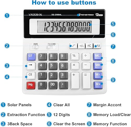 Miniatura 7 de Desk Calculator 12 Digit Extra Large 4.3-Inch LCD Display, Two Way Power Battery and Solar Calculators Desktop, Big Buttons Easy to Press Used as