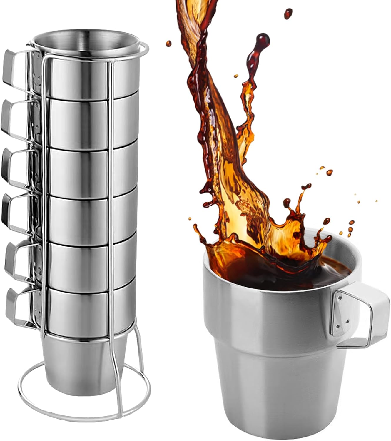 Yummy Sam 10oz Stainless Steel Double Wall Coffee Mugs with Rack, Stackable Camping Coffee Cups with Handle, Summer Espresso Tea Water Cups for Outdoor Office Kitchen,300ml 6Pack(Silver) 6PCS