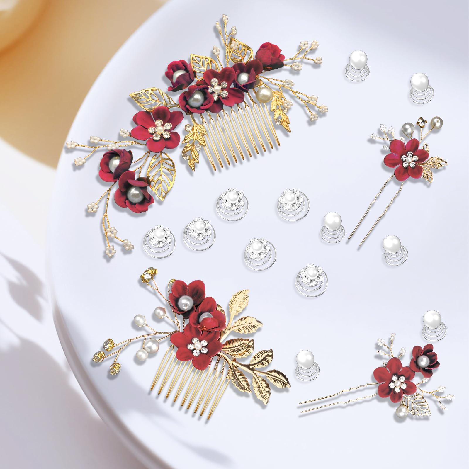 16PCS Burgundy Hair Accessories, Flower Bridal Hair Comb & U-Shaped Pins & Spiral Twist Pearl Hair Decorations - Image 4