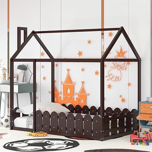 Miniatura 8 de Cama de suelo de tamaño individual con valla y puerta marco de cama Montessori con barandillas de seguridad camas de madera de tamaño individual