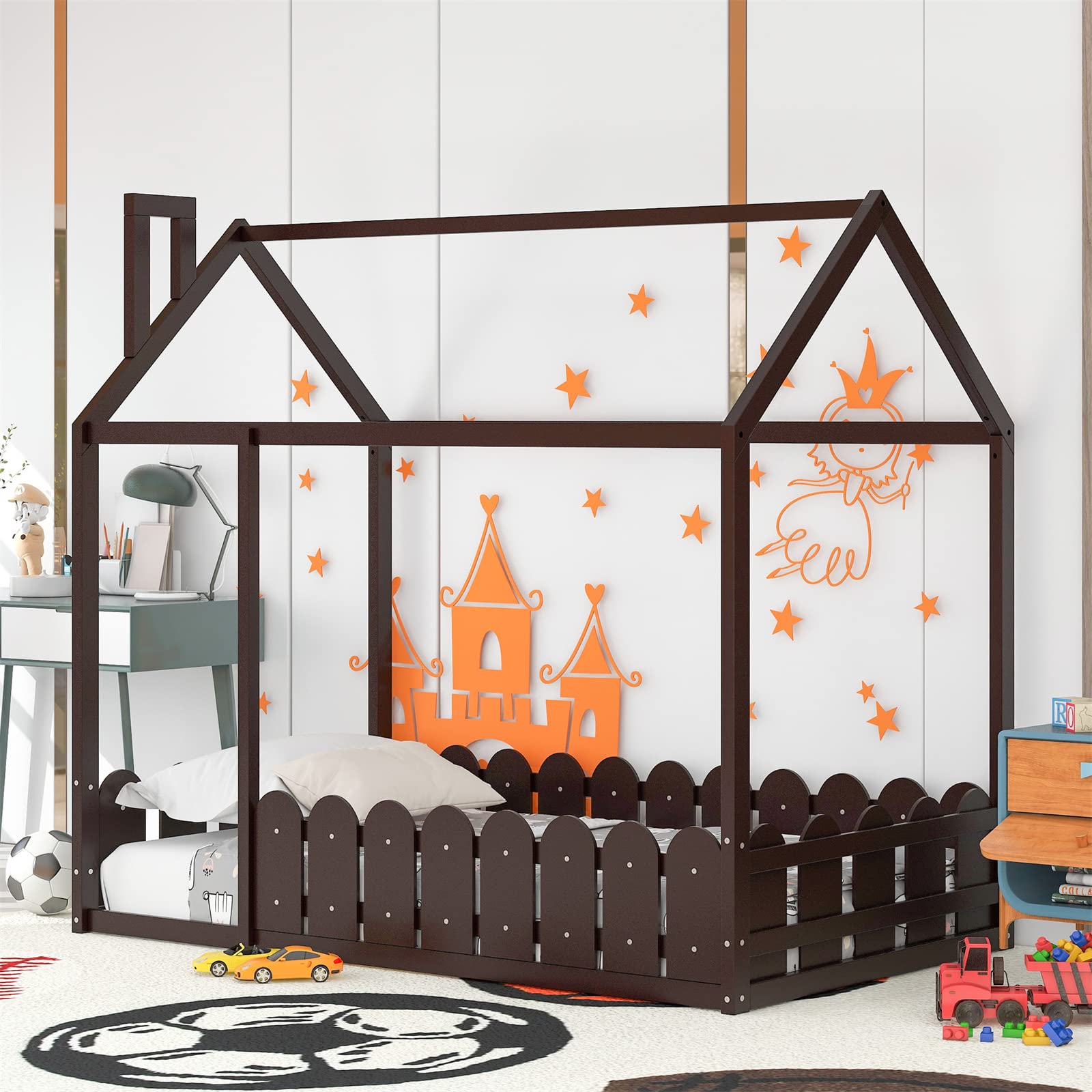 i-POOK Twin House Bed Frame with Fence, Brown Montessori Wood Floor Bed, Bed Size:78.7" L x 41" W x 70.5" H, No Slats