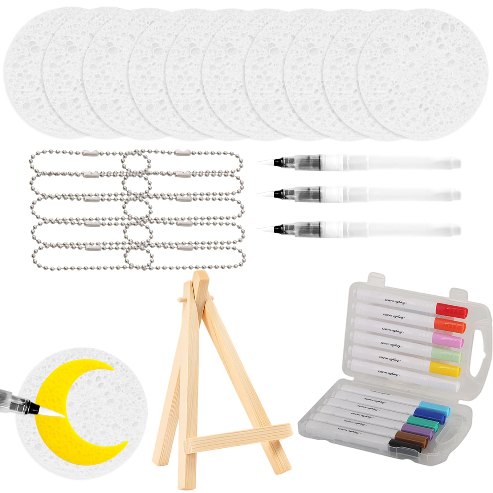 QXCFTW 36-Piece Creative Sponge Painting Art Set for Kids, Sponge Painting Set Kids, DIY Craft Kit with Display Easel, 12-Colour Markers, Cotton Blocks and Pearl Chains for Puffy Art Projects