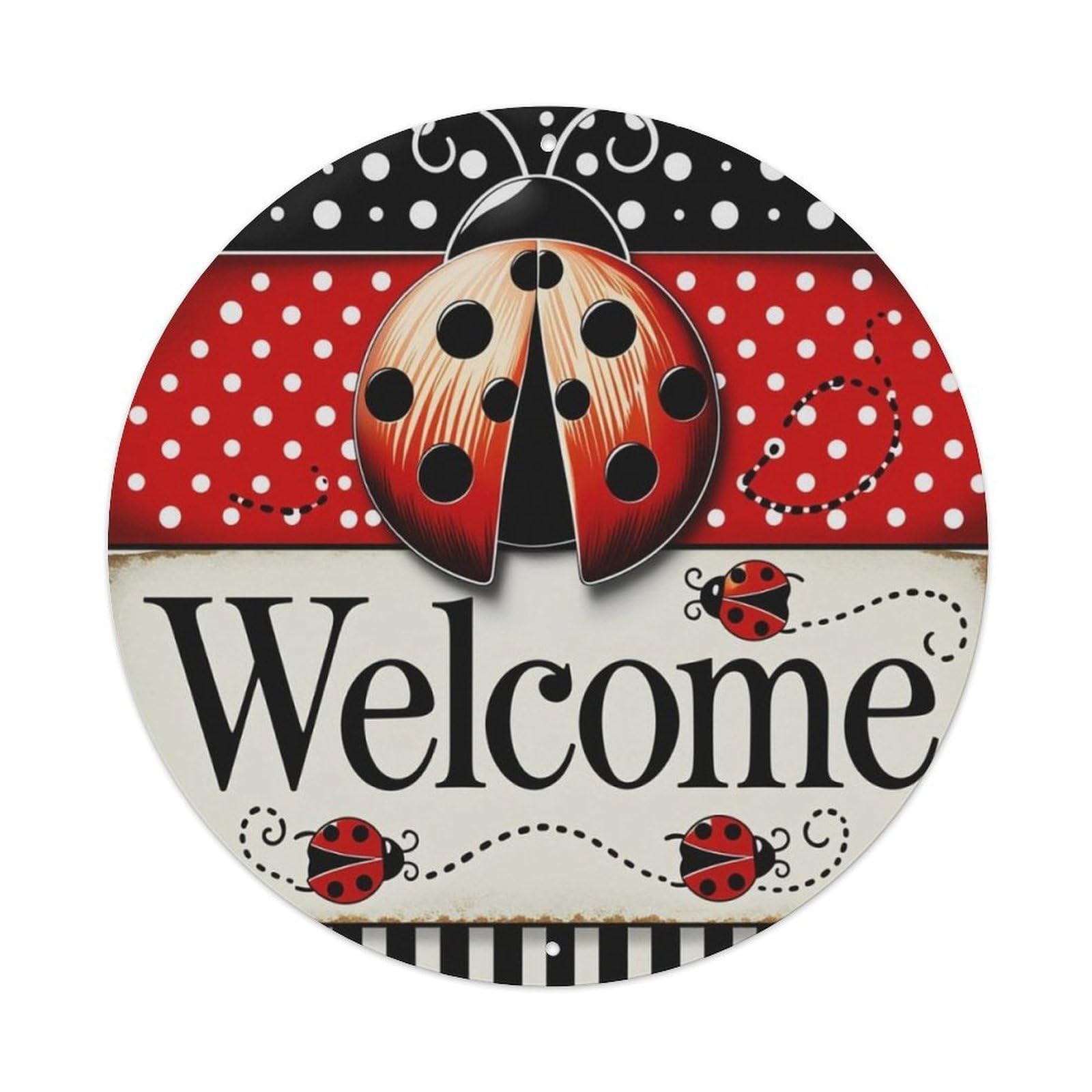 Polka Dot Ladybug Welcome Farmhouse Round Decor Sign Vintage Aluminium Metal Sign, Retro Wall Decor for Home, Bar, Garage & Farmhouse 20x20cm