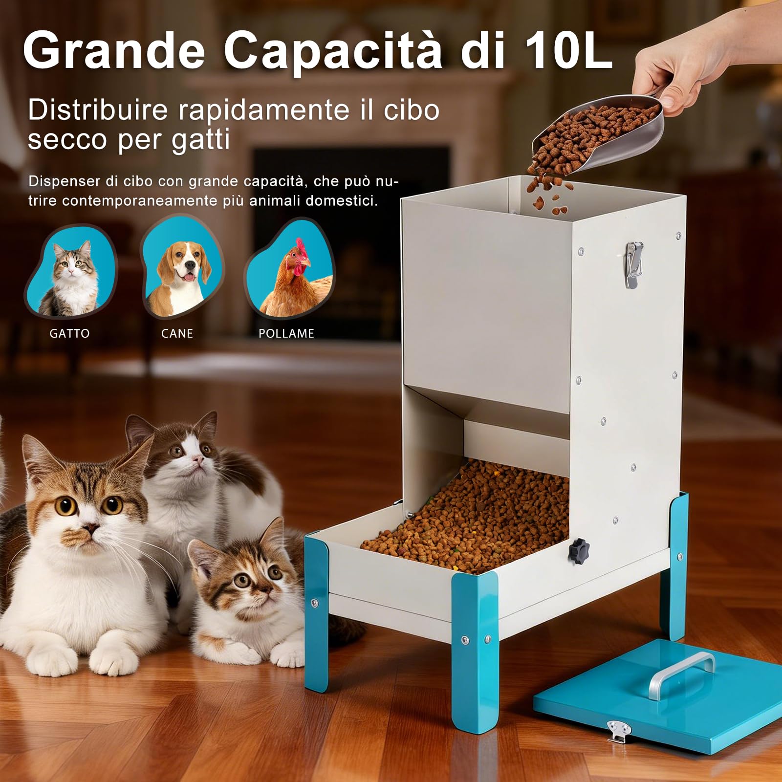 Distributore Automatico di Crocchette per Gatto 10L Ciotola Rialzata per Cani, Mangia secco in Metallo Rimovibile per Animali Domestici, Solido e Facile da Pulire