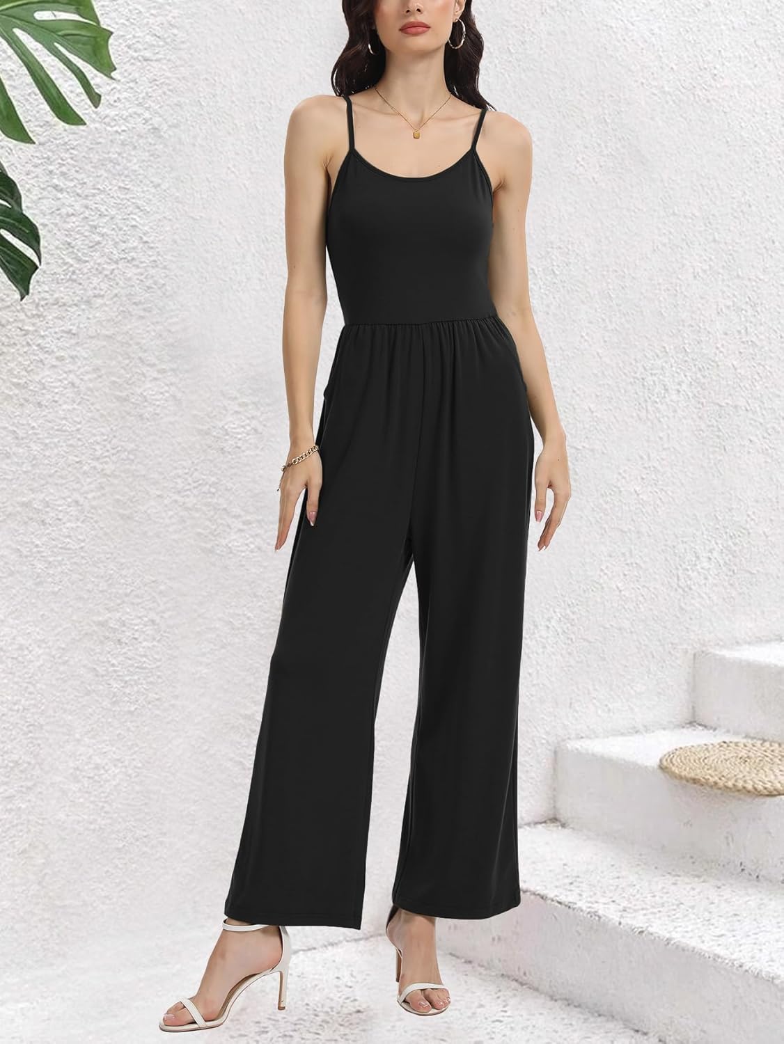 AUXDIO Women's Casual Sleeveless Jumpsuits One Piece Spaghetti Strap Crew Neck 2025 Wide Leg Pant Romper with Pocket - Image 3