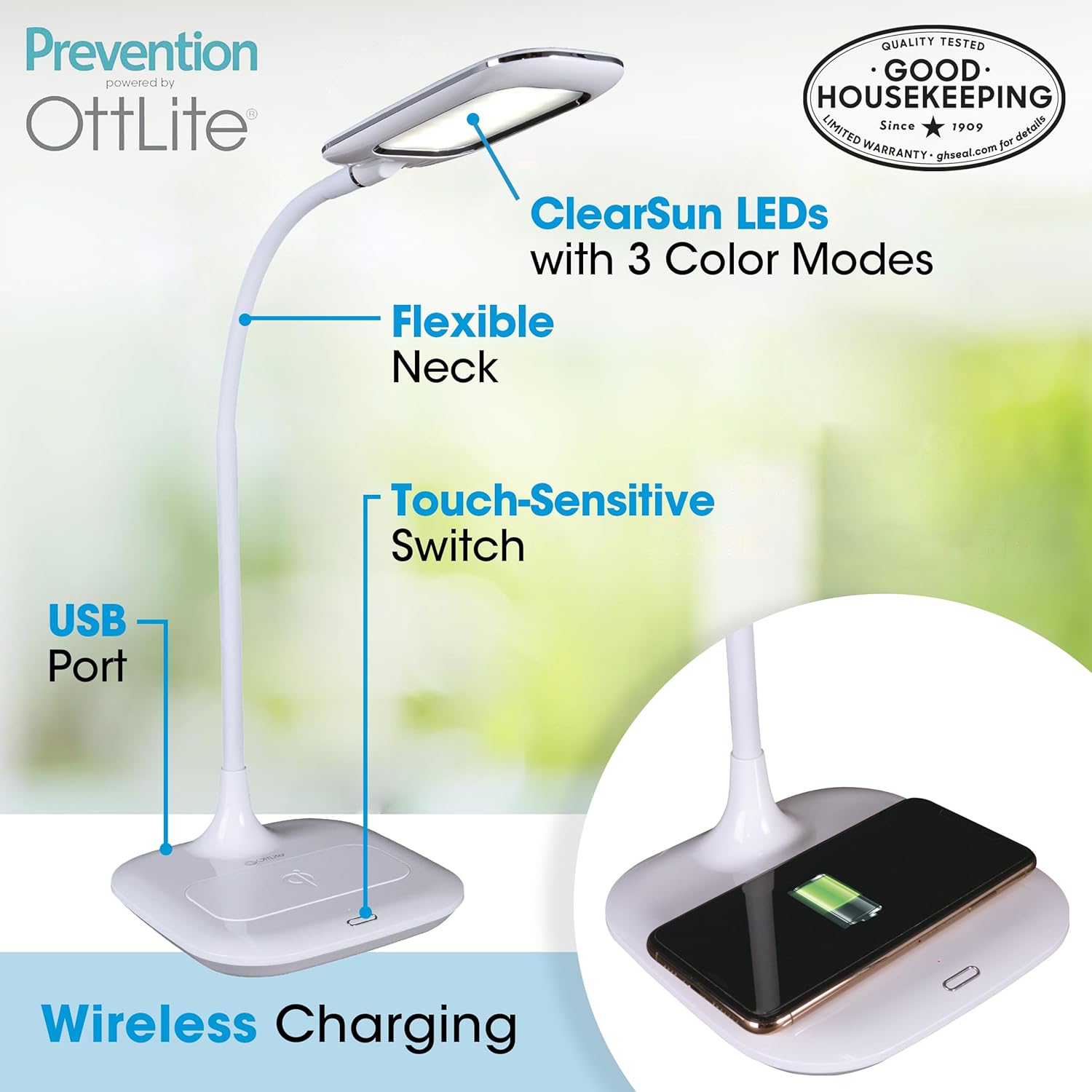 OttLite Prevention LED Desk Lamp with Wireless Charging - Designed to Reduce Eyestrain - Adjustable Flexible Neck, 3 Color Modes & Touch Controls - Crafting, Office Work, Reading & Studying