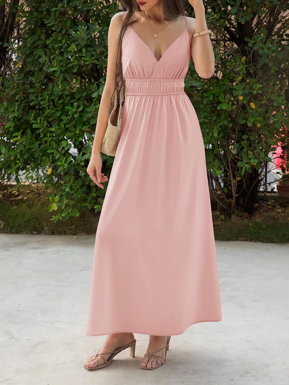 Yousify Womens Deep V Neck Maxi Dresses Spaghetti Strap Backless Ruched Sundress Summer Casual Beach Vacation Outfits