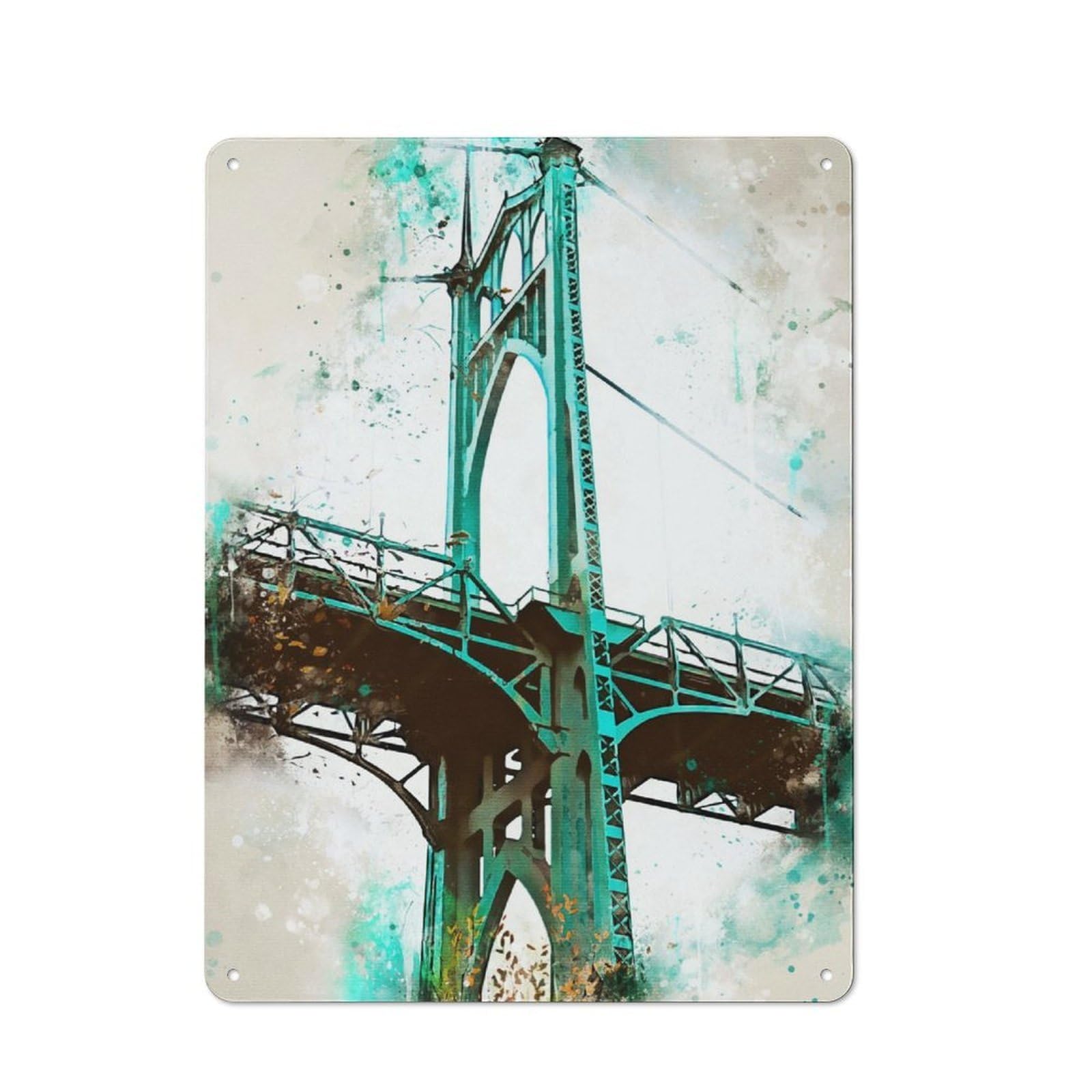 Junmoney Portland Bridge Watercolor Tin Sign 40X30cm With For Living Room Wall, Retro Decor, Gift Idea At Christmas For Living Room Decor Lovers