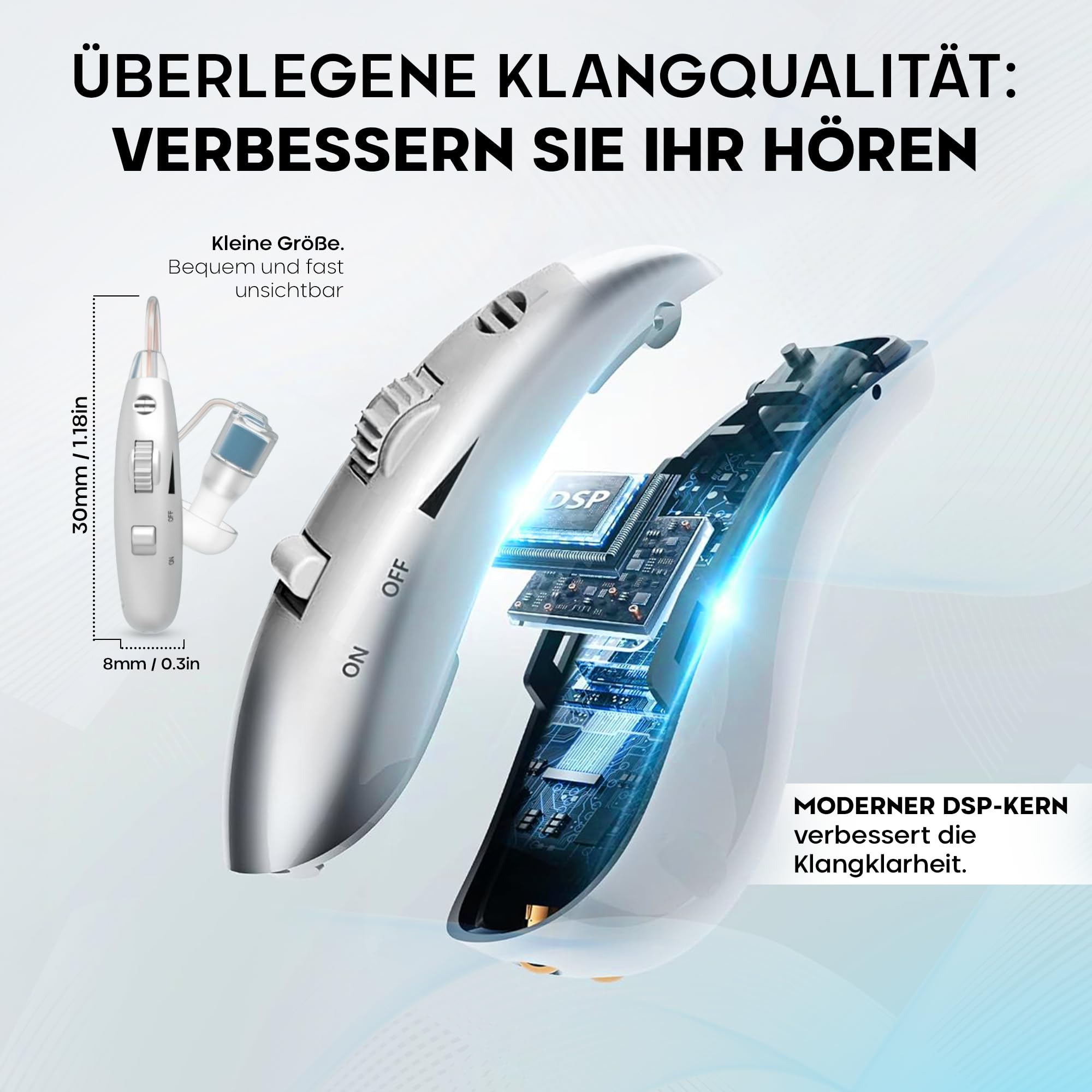 Wiederaufladbarer persönlicher Soundverstärker (2 Stück), ultraleicht (4 g), hinter dem Ohr (BTE), DSP-Chip, einstellbare Lautstärke, magnetische Ladestation, für TV und Gespräche
