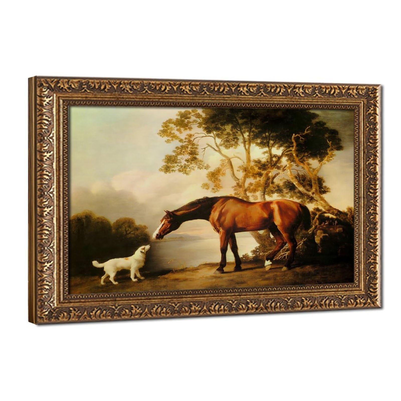 George Stubbs Bay Horse And White Dog Fine Art Prints Posters Canvas Deco Paintings Wall Art For Office Hangable Frame 12" L X 18" W