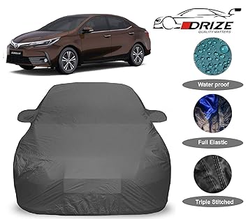 DRIZE Prime Quality Car Body Cover for Toyota Corolla Altis with Mirror Pockets-Triple Stitched-Fully Elastic-Ultra Surface Body Protection (Grey Look)