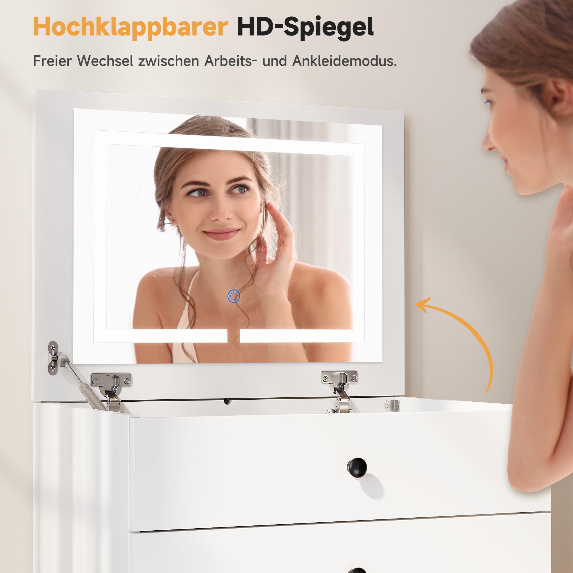 SONNI Schminktisch 3 in 1 mit Klappspiegel 4 Schubladen LED Weiß 60x45x83cm | Frisiertisch mit Sichtbarer Glasplatte, Hocker mit 4 Universalrollen, Kosmetiktisch für Schlafzimmer, Wohnung, Loft, Wohnheim