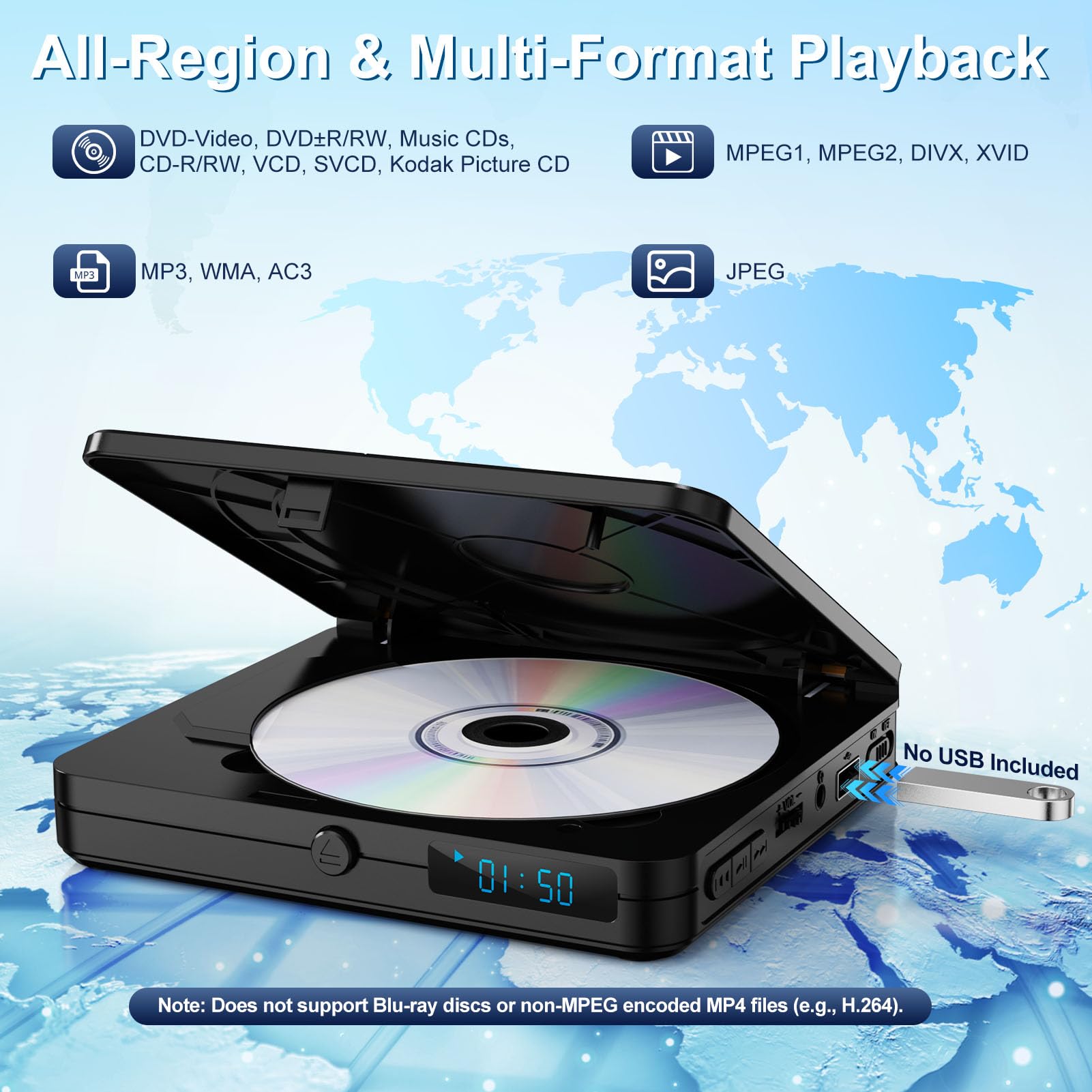 Mini Reproductor de DVD con Control Remoto, Reproductor de CD y DVD Compacto 1080P HD para Smart TV y proyector, Cuenta con Salida HDMI, Conector para Auriculares, Entrada USB 2.0, Soporte PAL