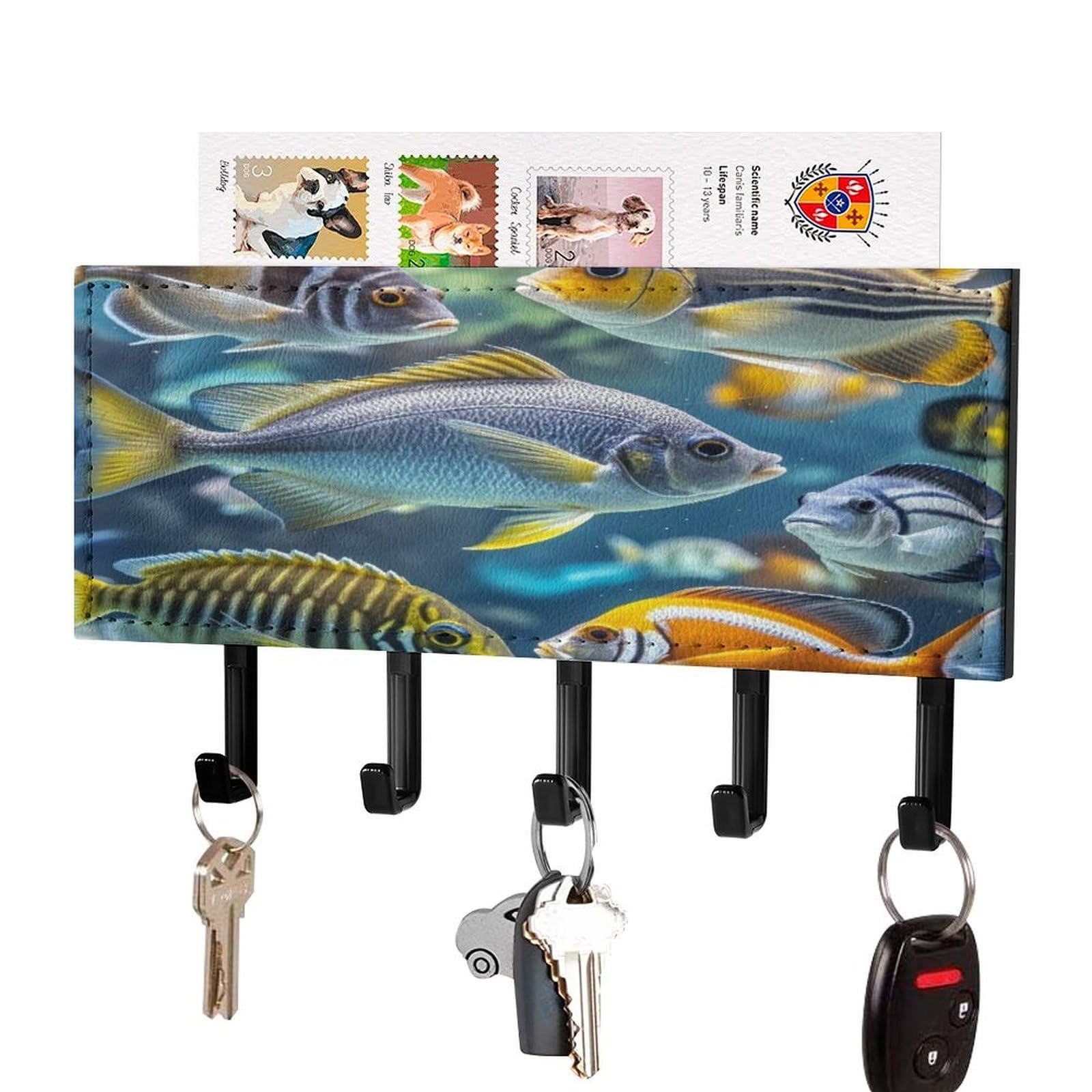 FekiLoot Fish Key Holder Wall Mount Key Hanger with 5 Hooks Decorative Key Rack Hanging Key Hooks with Mail Organizer Key Holder for Wall Living Room Kitchen Bathroom Hallway Black