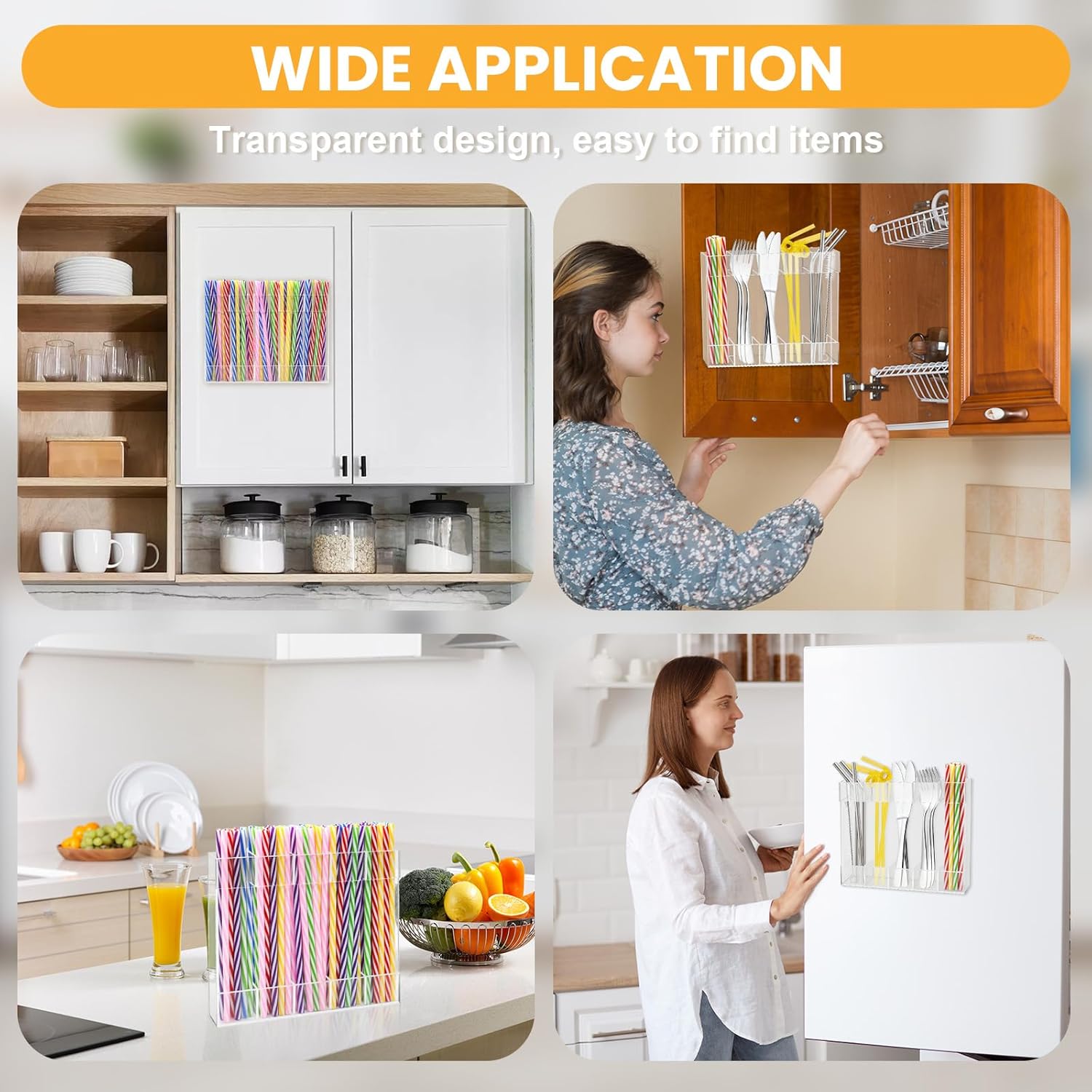 Acrylic Straw Holder for Cabinet Door - Clear Magnetic Straws Storage Container with Adhesive & Stickers, Reusable Straws Dispenser, Space-Saving Straw Organizer for Kitchen - Image 3