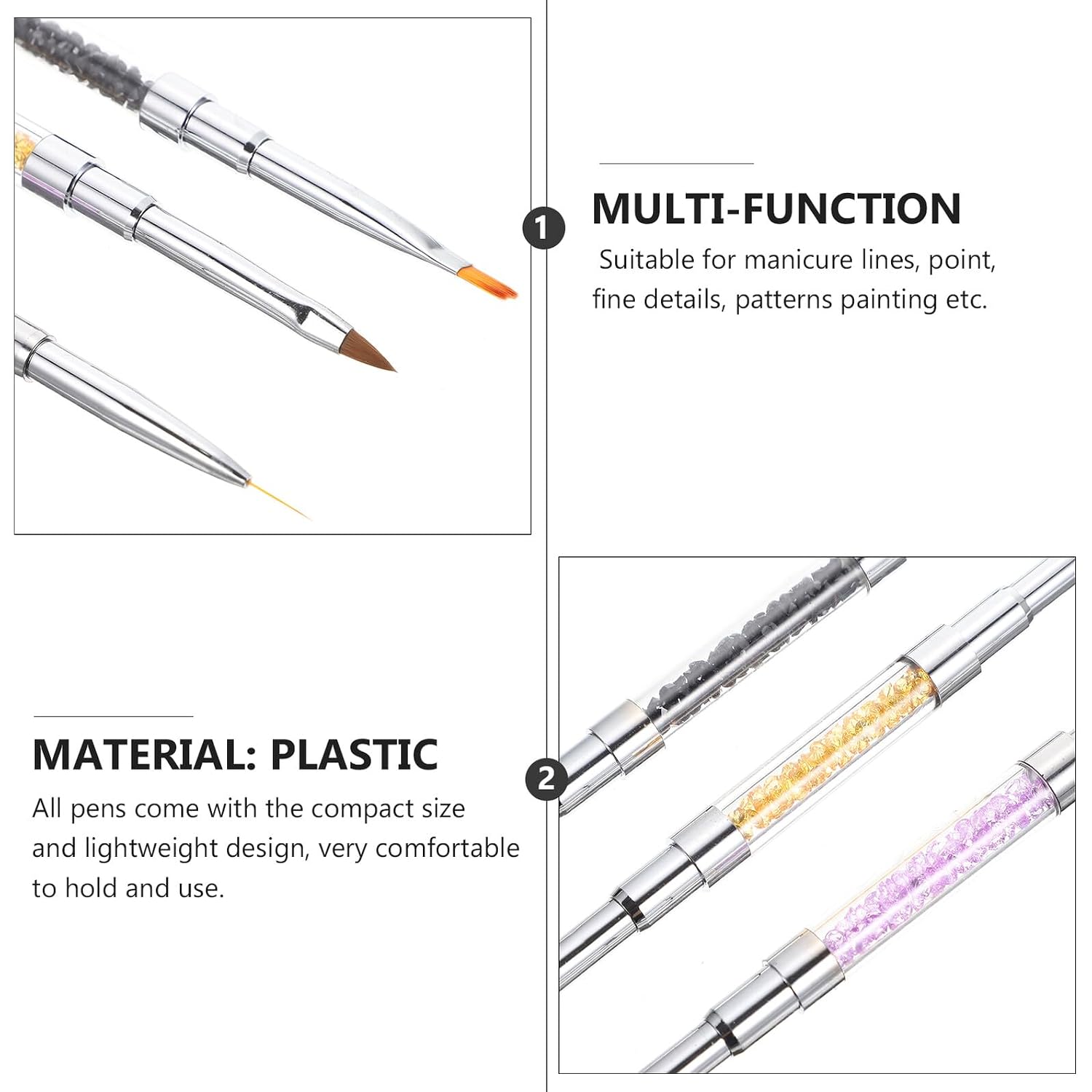 3pcs Manicure Pen Double-end Nail Art Drawing Tools Lightweight Flexible Handles for DIY Nail Painting and Design