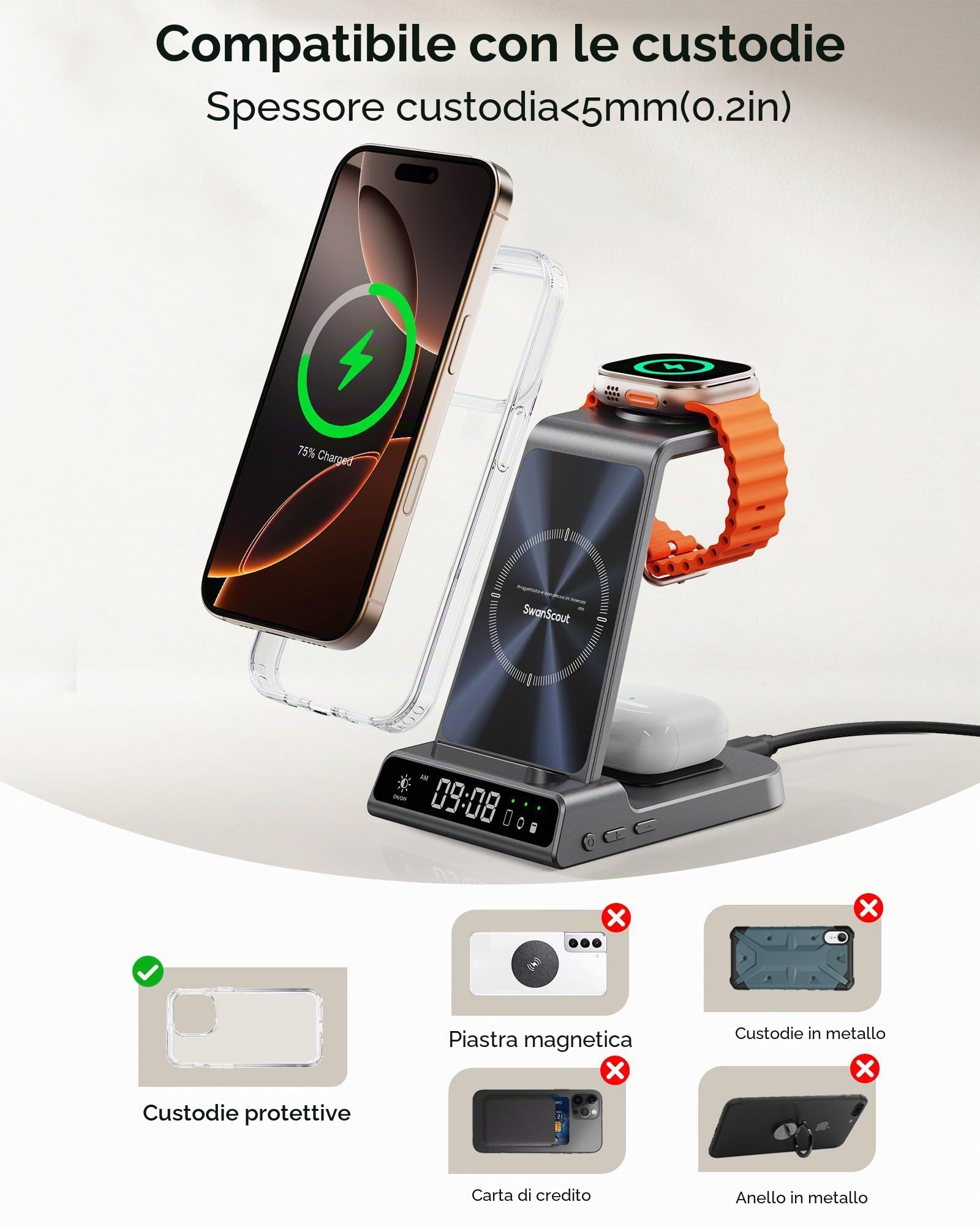 Caricatore Wireless 3-in-1 per iPhone Air/17/16/15/14/13/12, per Apple Watch Ultra 3/11/10/9/8/7/SE 3 e AirPods/Pro/4/3, SwanScout C02A
