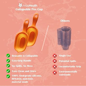 Reusable Pee Cups for Ovulation & Pregnancy Test Strips - 2 Leak-Proof Urine Sample Cups, Collapsible Silicone Design + 5 Disposable Gloves - Conception Aid Kit for Women