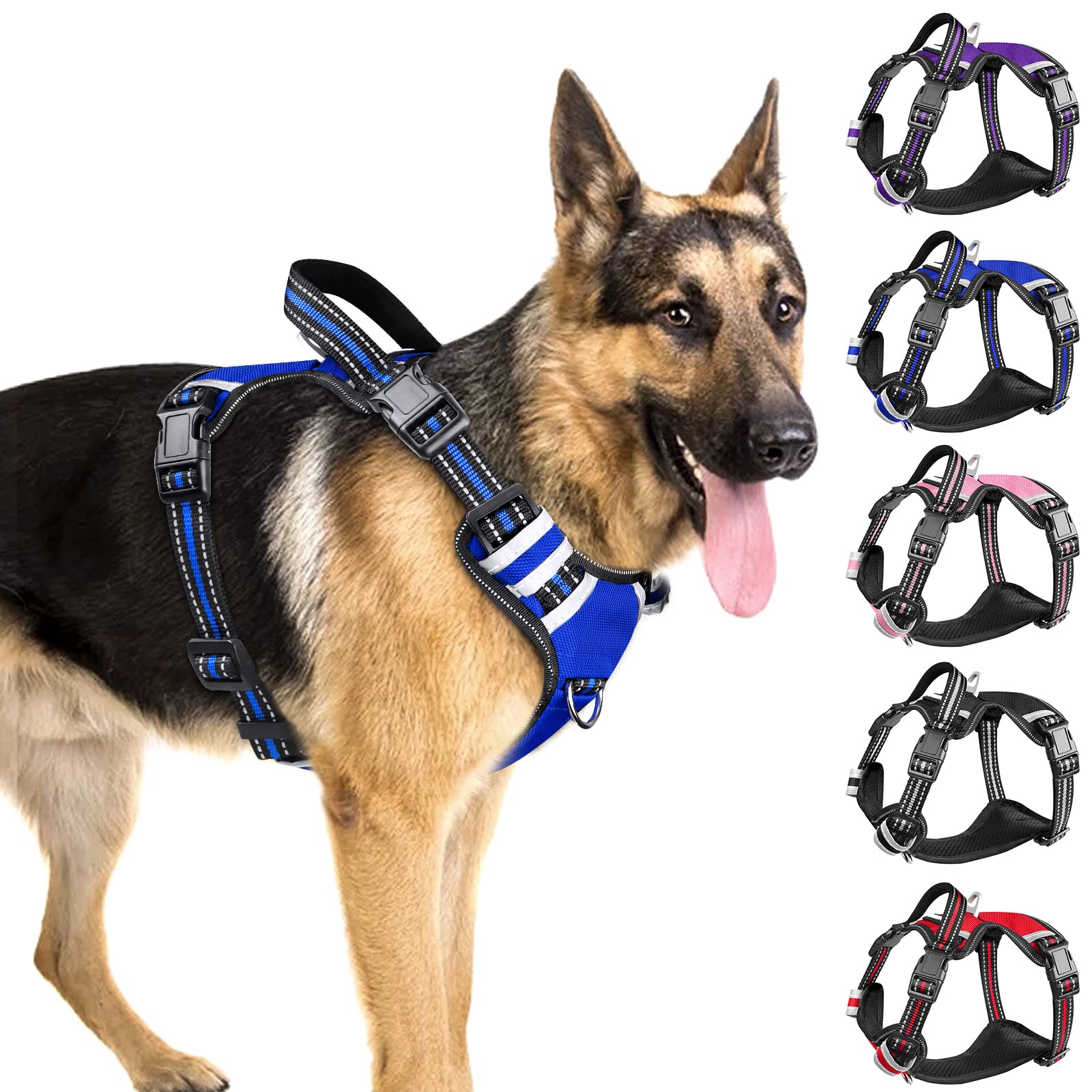 WINSEE 4 in 1 Dog Harness with Leash Set, Pet Harness No Pull for Large Dog with Collar and Safety Belt, Double Sided Reflective Strip, Adjustable Dog Car Harness with Soft Padded Handle