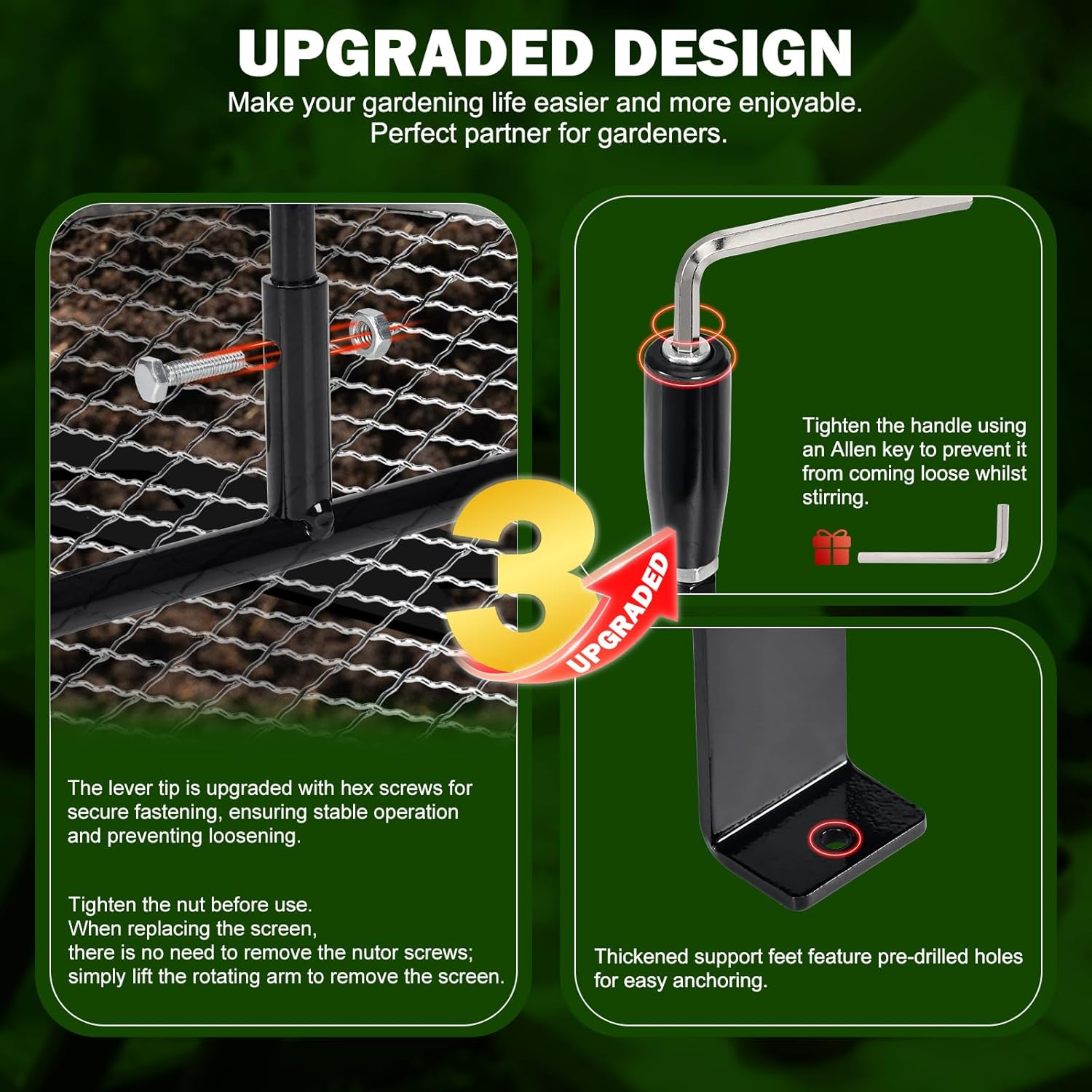 2026 Upgraded Rotary Soil Sifter Compost Sieve, Capacity: 11 Liters, Large Earth Riddle Screener with 4 Replaceable Mesh Sizes (0.12 0.24 0.35 0.47) inch Soil Screen, Garden Potting Rock Sand Screen