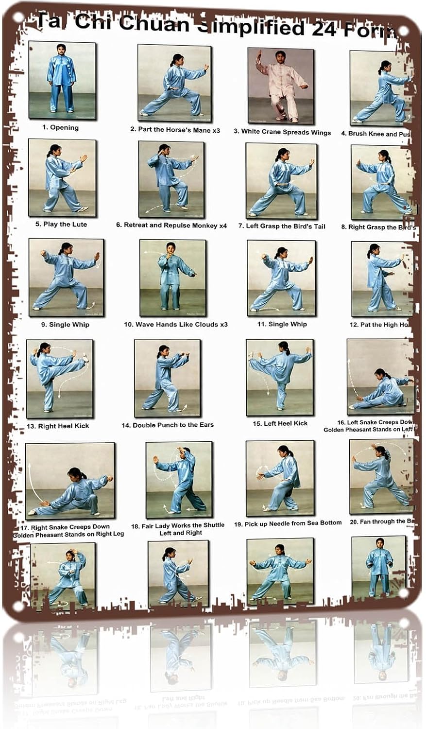 8x12 Inch Metal Aluminum Sign, Tai Chi 24 Form Illustrated Beginner Reference Poster, Wall Decor for Home Gym Martial Arts Studio