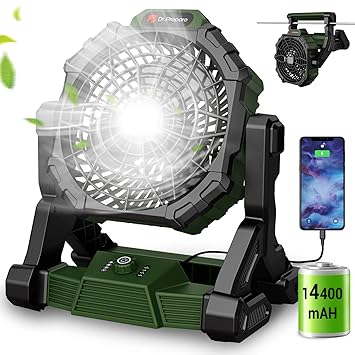 Camping Fan Rechargeable, Dr. Prepare 14400mAh Battery Operated Fan for Camping, 16-inch Portable Tent Fan, Outdoor Fan with Light for Picnic, BBQ, Fishing, Travel