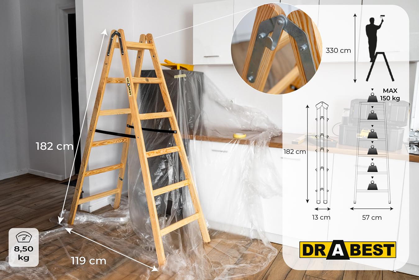 DRABEST - Scaletta pieghevole in legno per lavori di pittura 2x6 pioli m lunghezza calpestabile su entrambi i lati fino a 150 kg altezza di lavoro 1,82 m 3,3 m