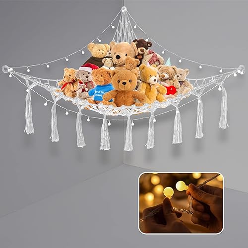 Red de animales de peluche o hamaca almacenamiento de red suave con tira de luces LED ganchos y borlas para animales de peluche y juguetes de