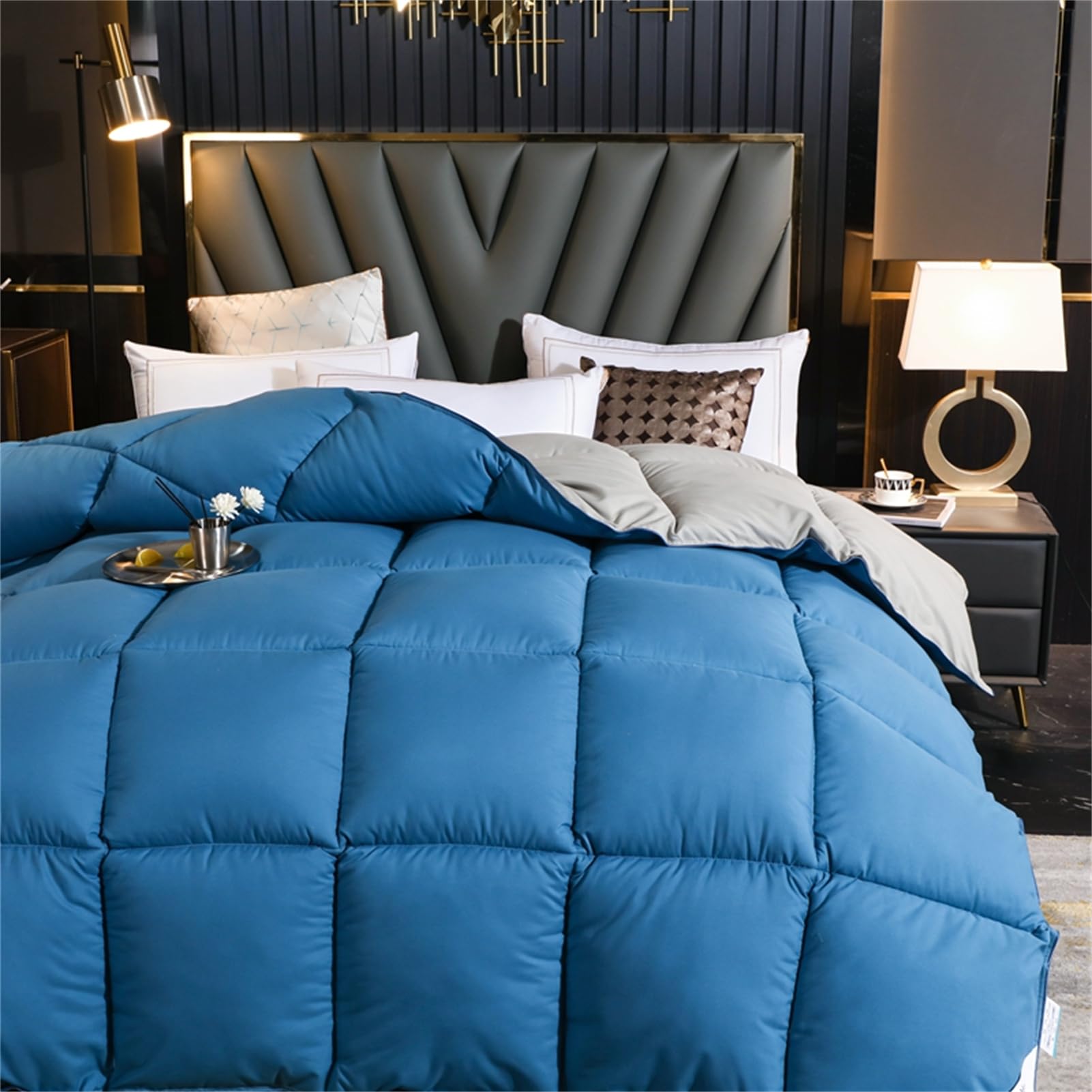 Edredón Nórdico De Plumas Edredón Cama Todas Estaciones, Relleno Pluma Y Plumón De Ganso Desde Latitudes Altas, Ligero Y Suave, 100% Algodón, Lavar A Maquina, 240x220cm (Blue+Gray,220*240 cm 5kg)