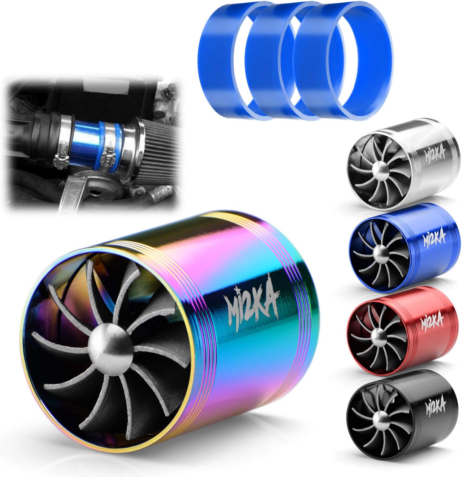 EzAuto Wrap Mi2KA Turbine Air Intake Fuel Gas Saver Dual Fan Double Turbonator Acceleration System Turbo 2.5"-3.0" Neo Chrome