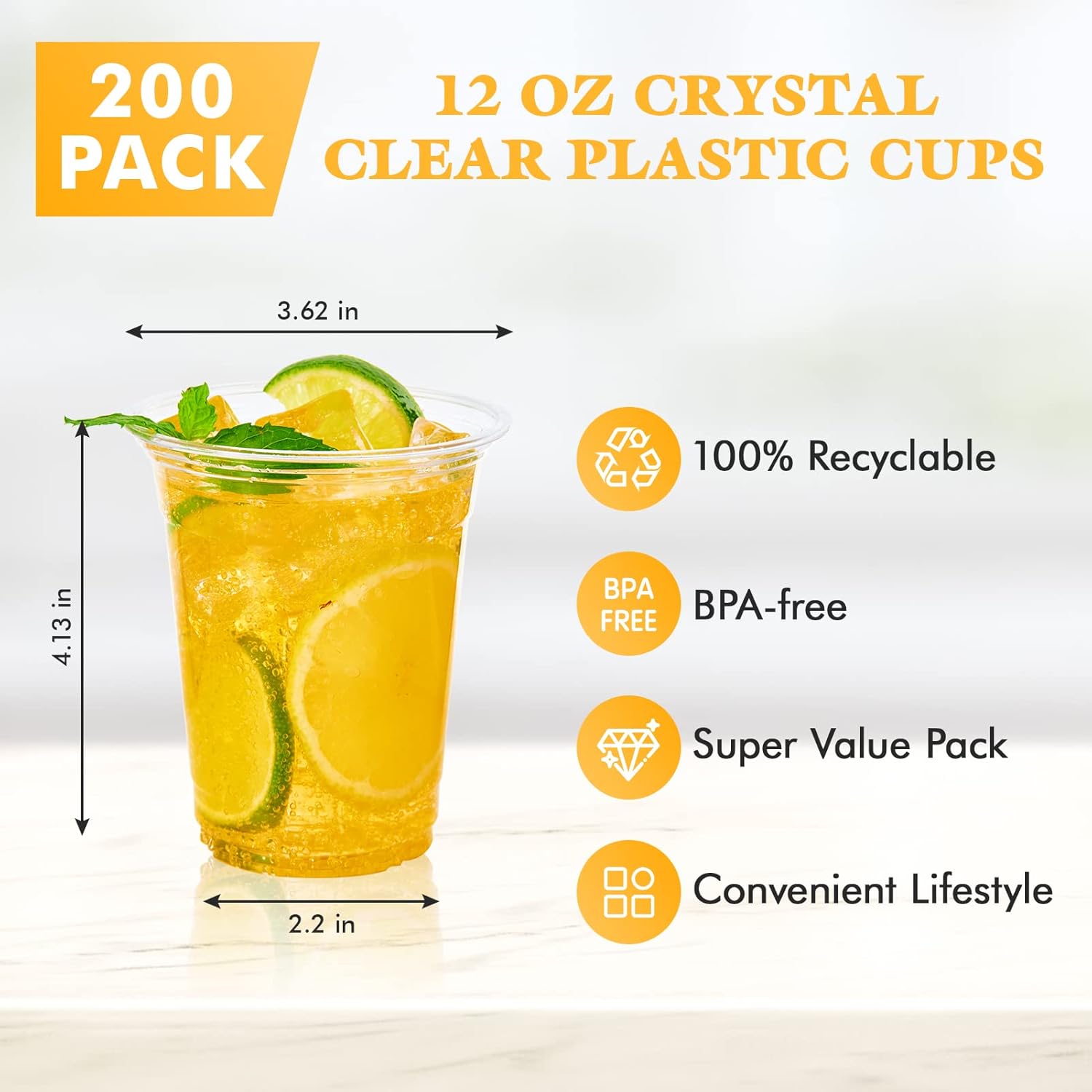 Vplus 200 Pack 12 OZ PET Clear Plastic Cups with Lids, 12 OZ Crystal Cold Disposable Drinking Plastic Cups with Flat Lids, Perfect for Ice Coffee, Smoothie, Juice - Image 6