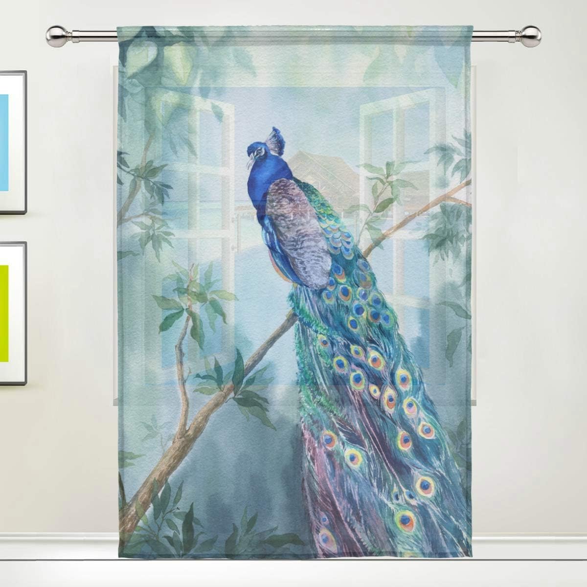 DOSHINE Sheer Curtain Drapes Tropical Bird Peacock Tree for Door Window Bedroom Bathroom Kitchen Living Room 55x84 inches, 1 Panel