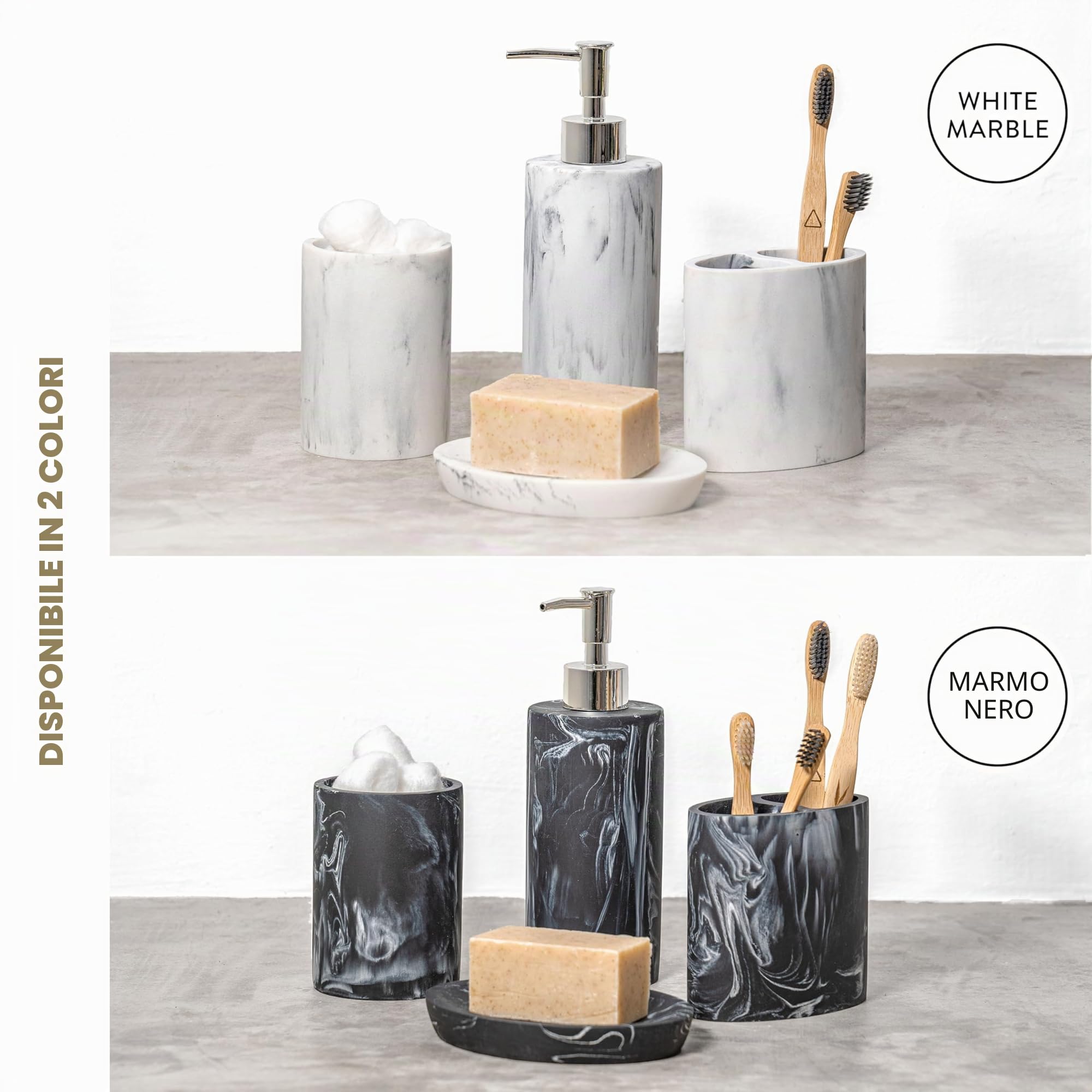 ZCCZ Set di accessori da bagno 4 pezzi, accessori decorativi per il bagno con dispenser di sapone, portaspazzolino, bicchiere da bagno, portasapone, effetto marmo, set di accessori da bagno bianco