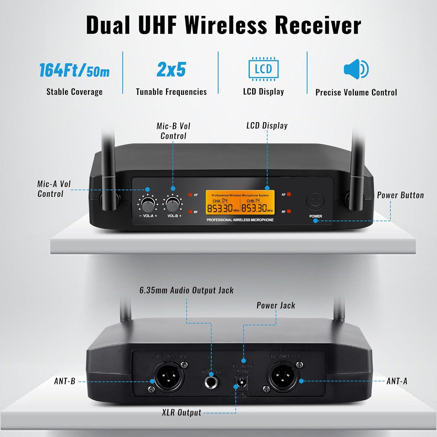 Microphone for Singing Wireless Microphone System Dual Professional Cordless Handheld Dynamic Mic Set for Home Karaoke Party Meeting Church DJ Wedding, 164ft Range - Image 3