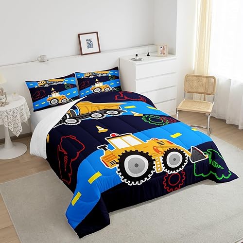Vista 129 de Juego de ropa de cama de tractor tamaño matrimonial, juego de edredón de camión de equipo, edredón de plumón de excavadora de construcción, juego
