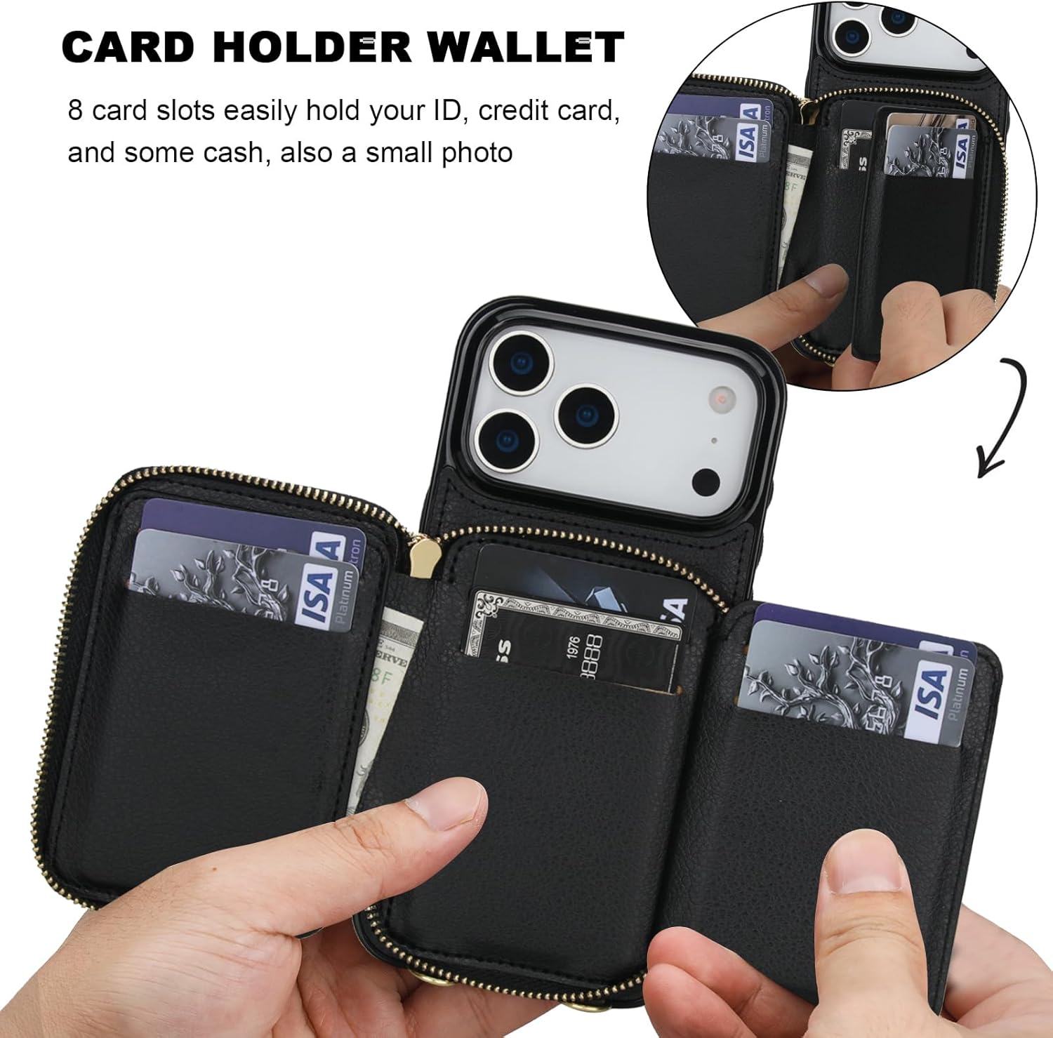 Bocasal RFID Blocking Wallet Case for iPhone 17 Pro Max, Adjustable Crossbody Zipper Purse Case Card Holder with Kickstand Detachable Wrist Strap, PU Leather Flip Folio Case 6.9 Inch 5G (Black) - Image 4